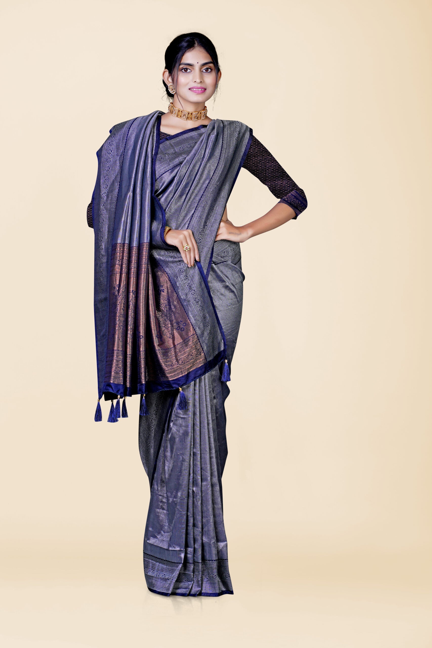 Navy Blue Zariwork Tissue Silk Saree 