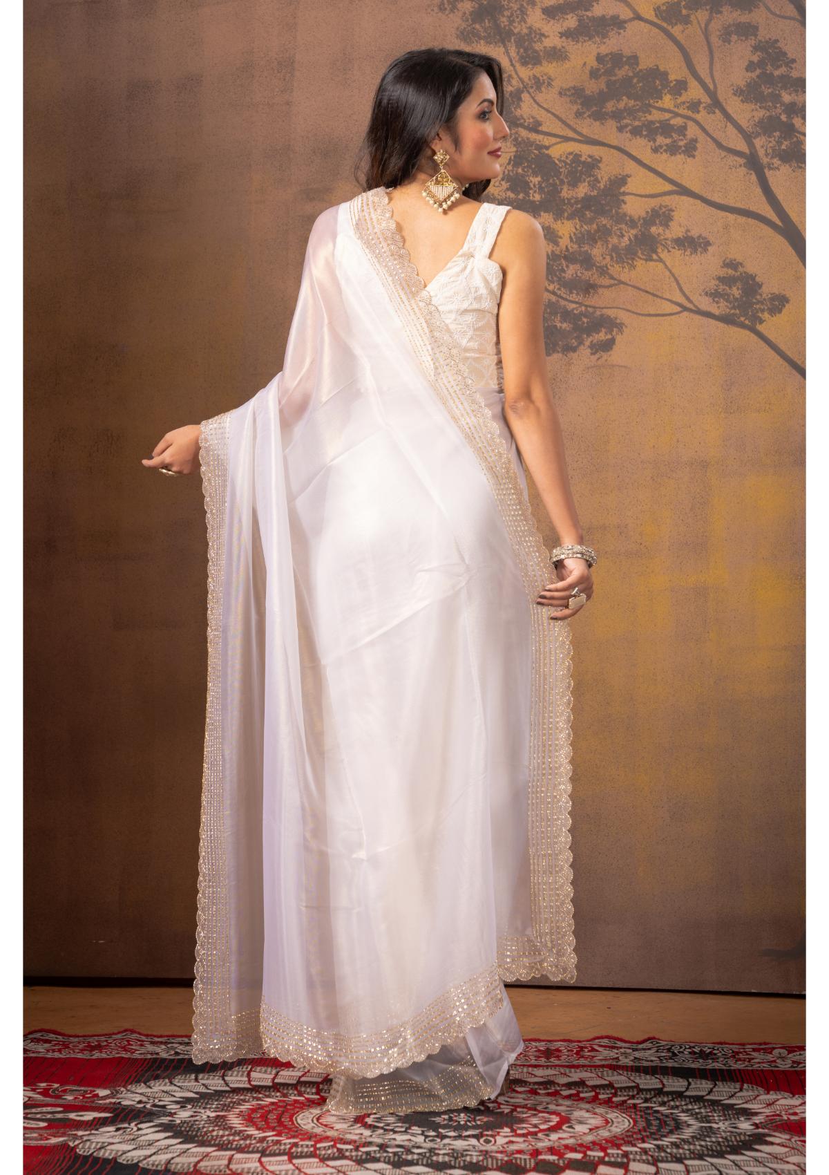 White Block Print Stonework Silk Saree 