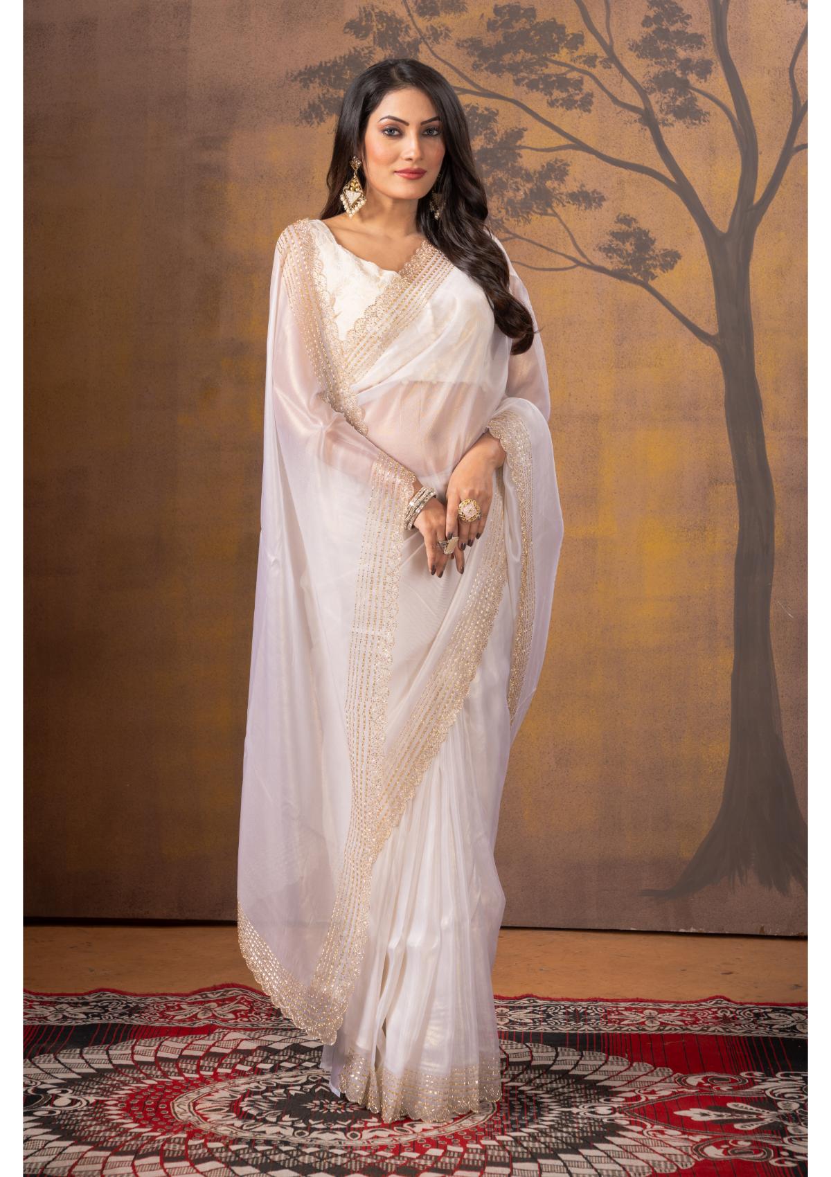 White Block Print Stonework Silk Saree 