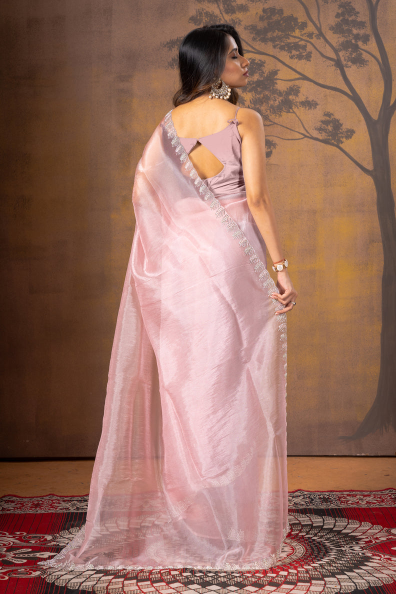 Baby Pink Stonework Net Saree - KAJREE