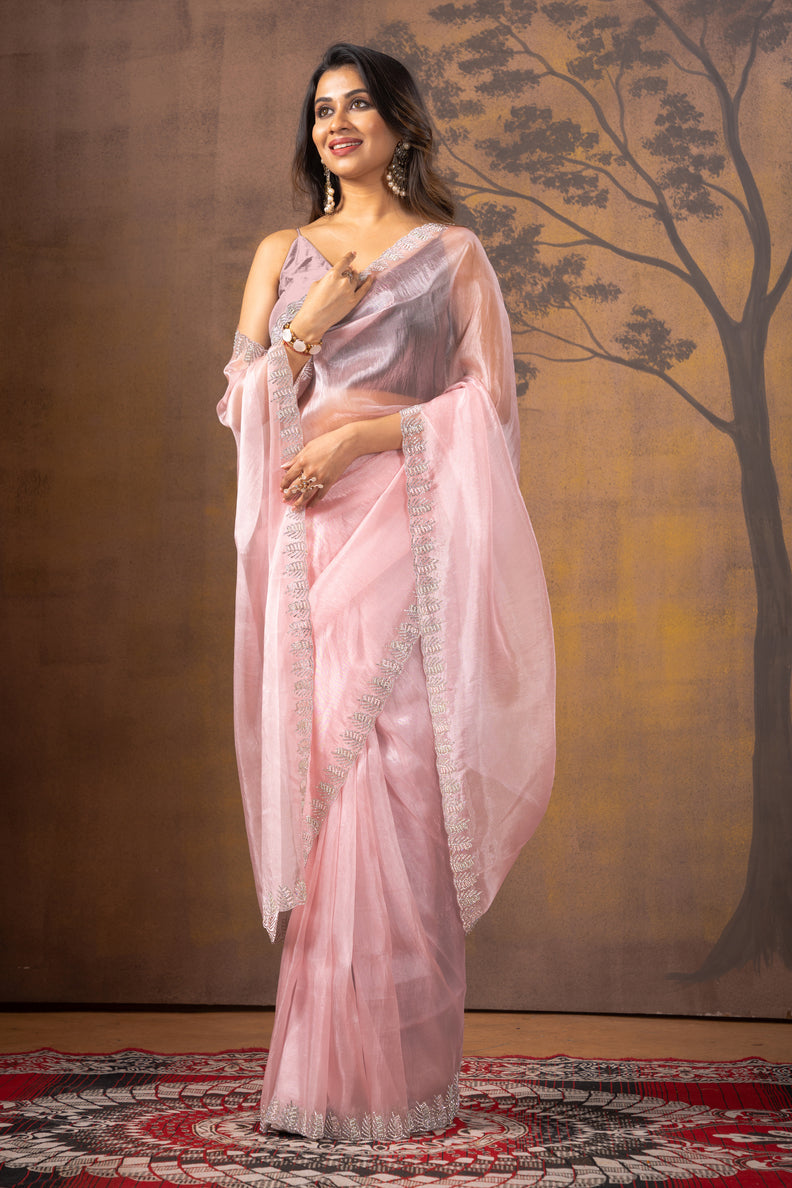 Baby Pink Stonework Net Saree - KAJREE