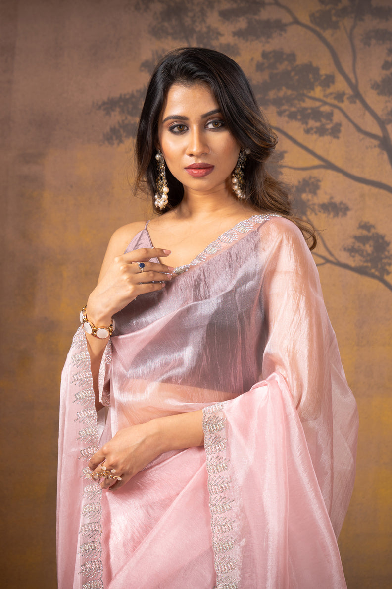 Baby Pink Stonework Net Saree - KAJREE