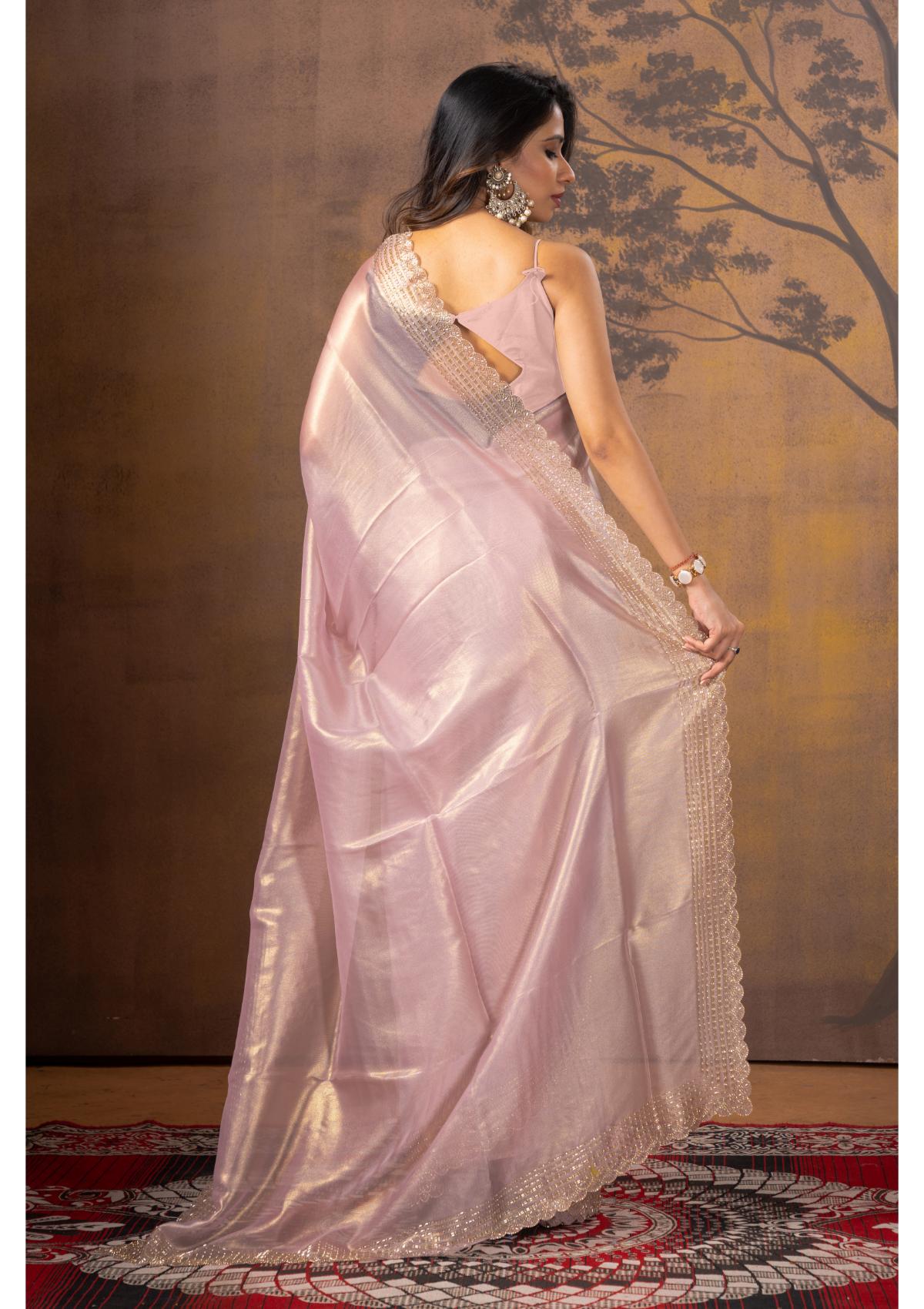 Lilac Block Print Stonework Net Sarees -Kajree 