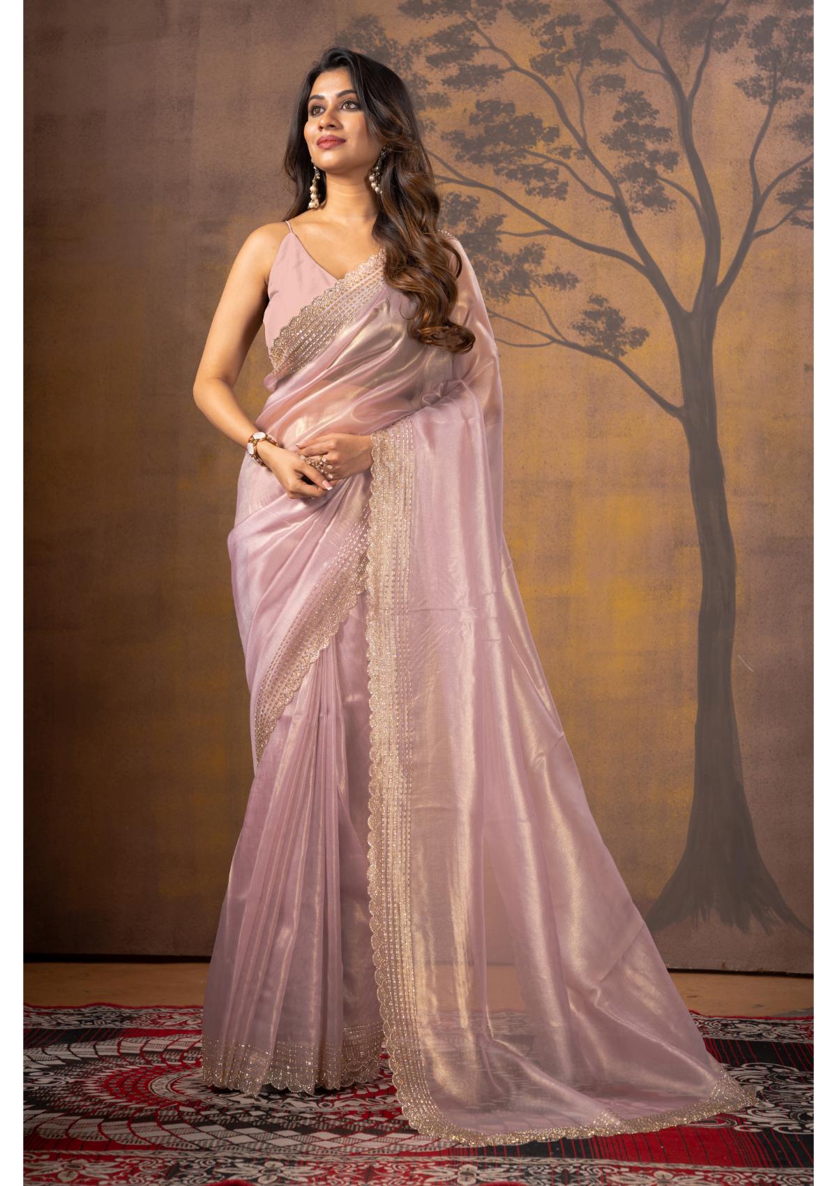 Lilac Block Print Stonework Net Sarees -Kajree 