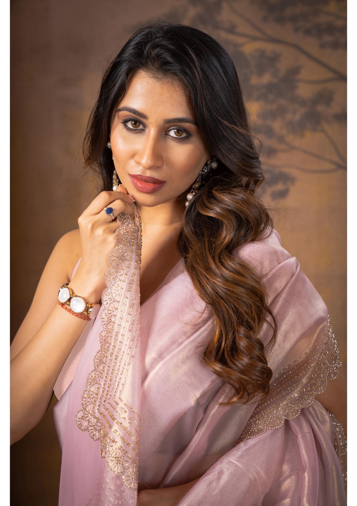 Lilac Block Print Stonework Net Sarees - Kajree 