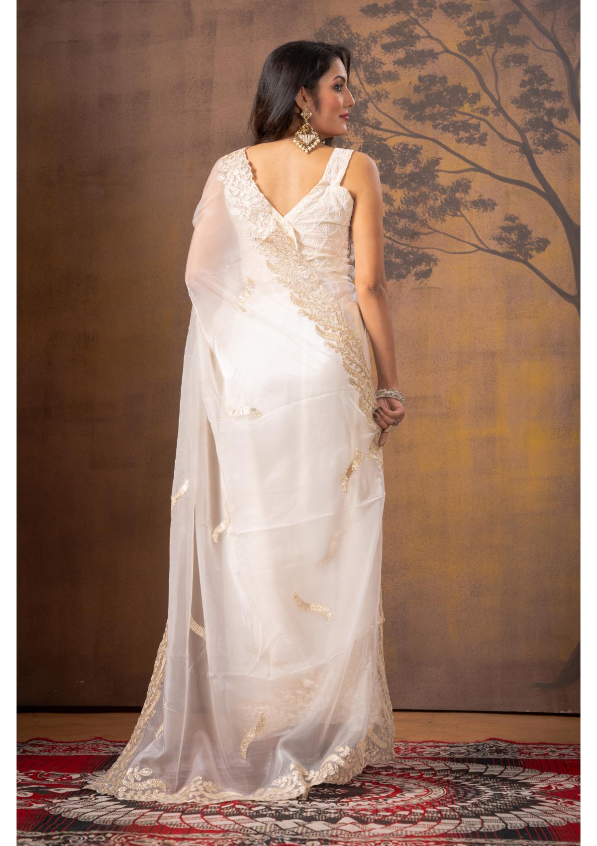 White Gottapatti work Silk Saree - Kajree 