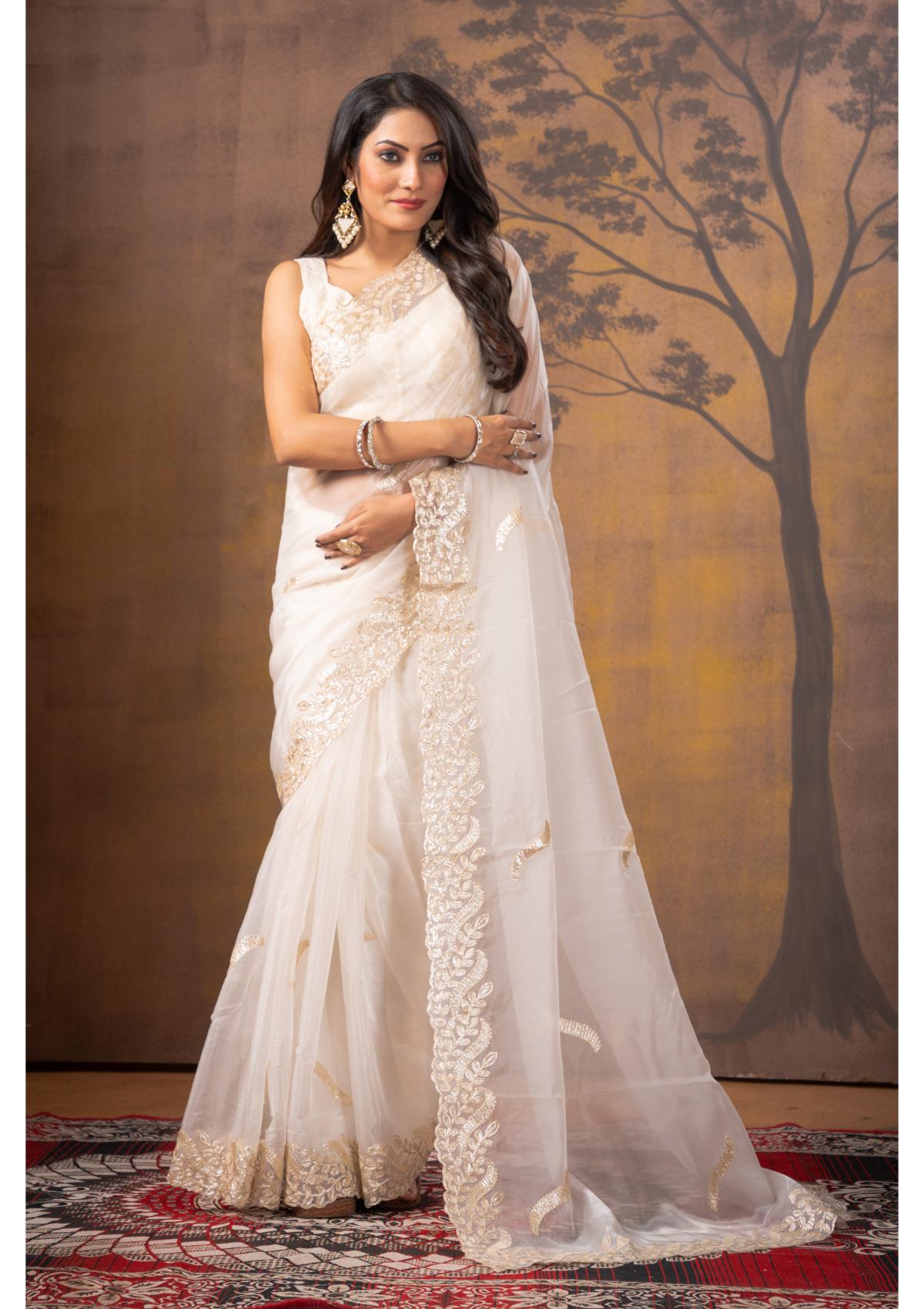 White Gottapatti work Silk Saree - Kajree 