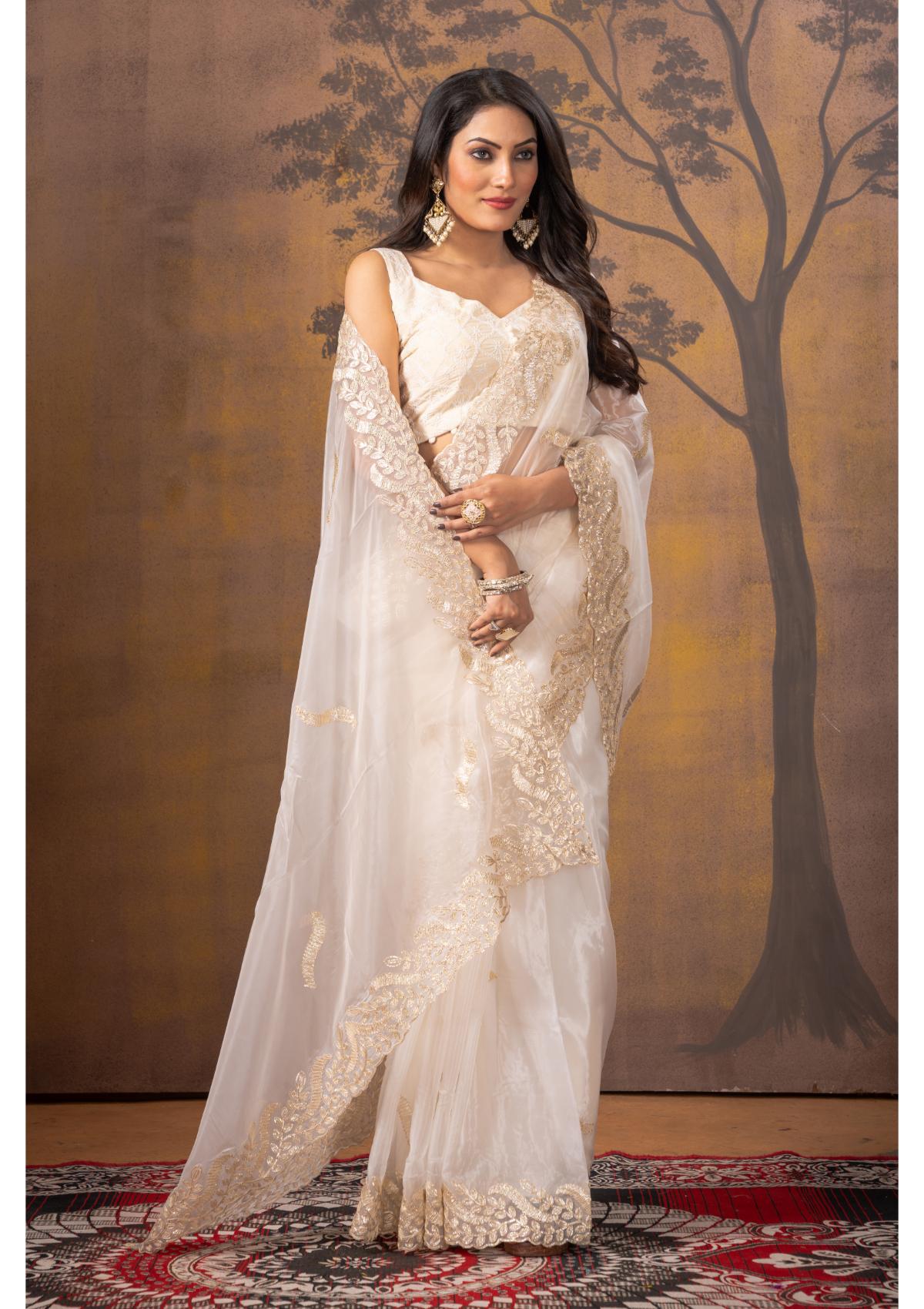 White Gottapatti work Silk Saree - Kajree 