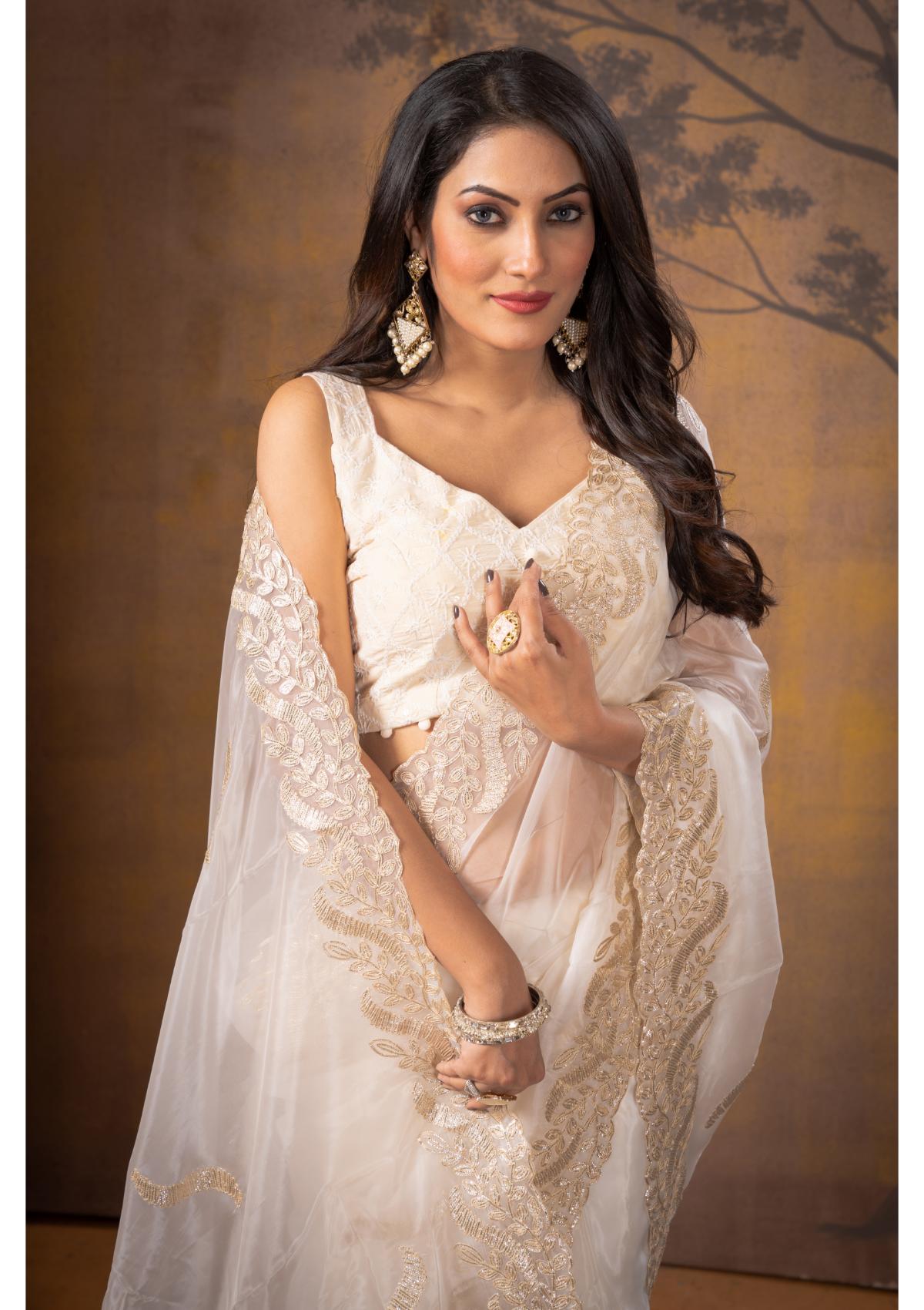 White Gottapatti work Silk Saree - Kajree 