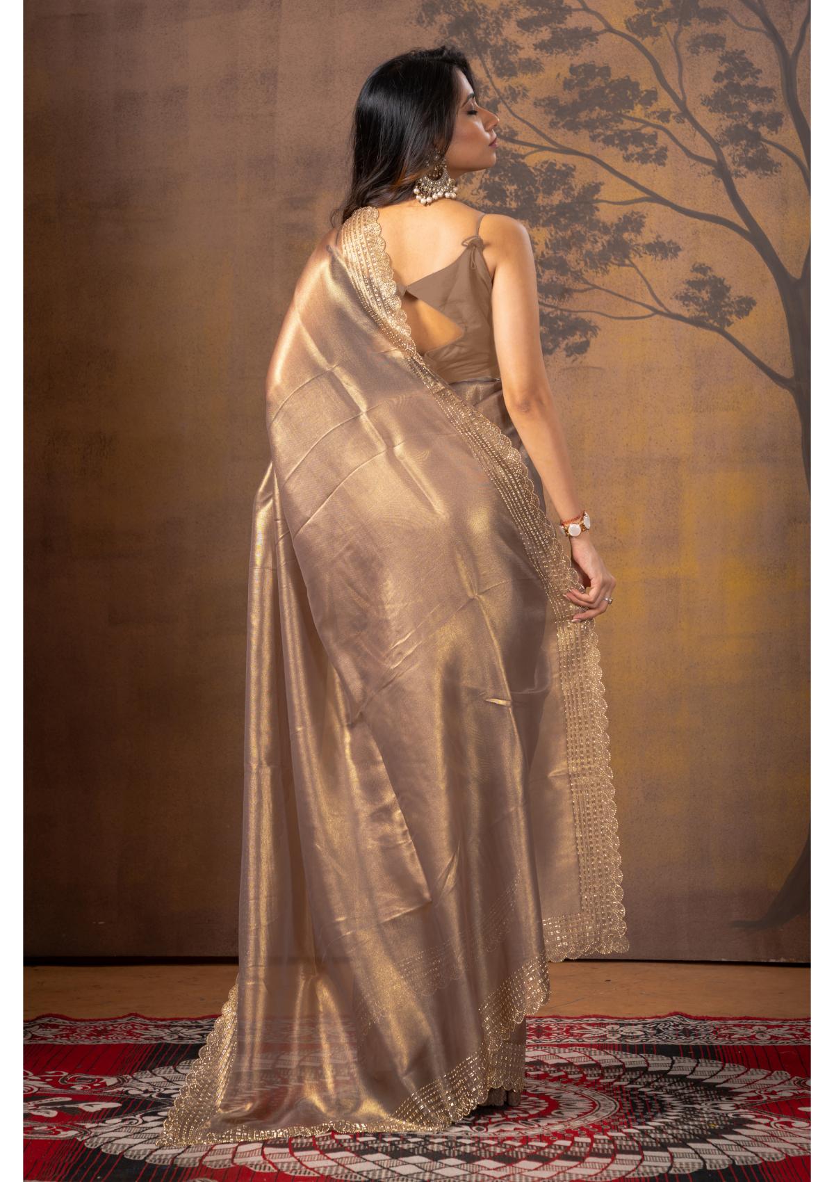 Golden Block Print Stonework Net Saree 