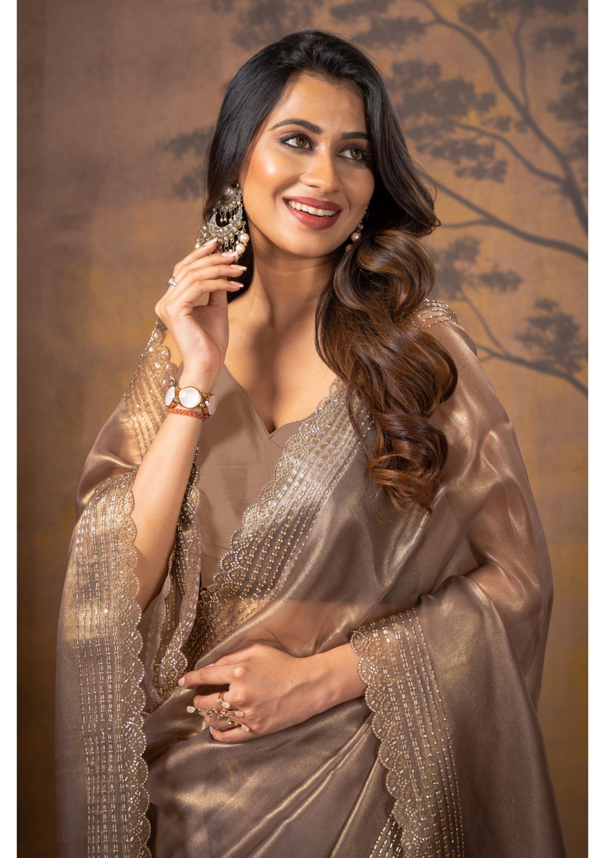 Golden Block Print Stonework Net Saree 