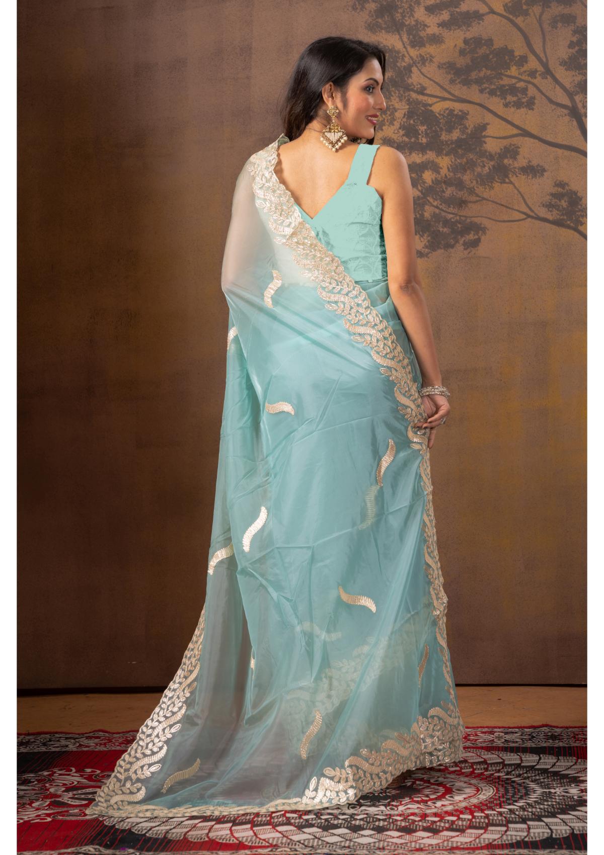 Sky Blue Gottapatti work Tissue Saree - Kajree
