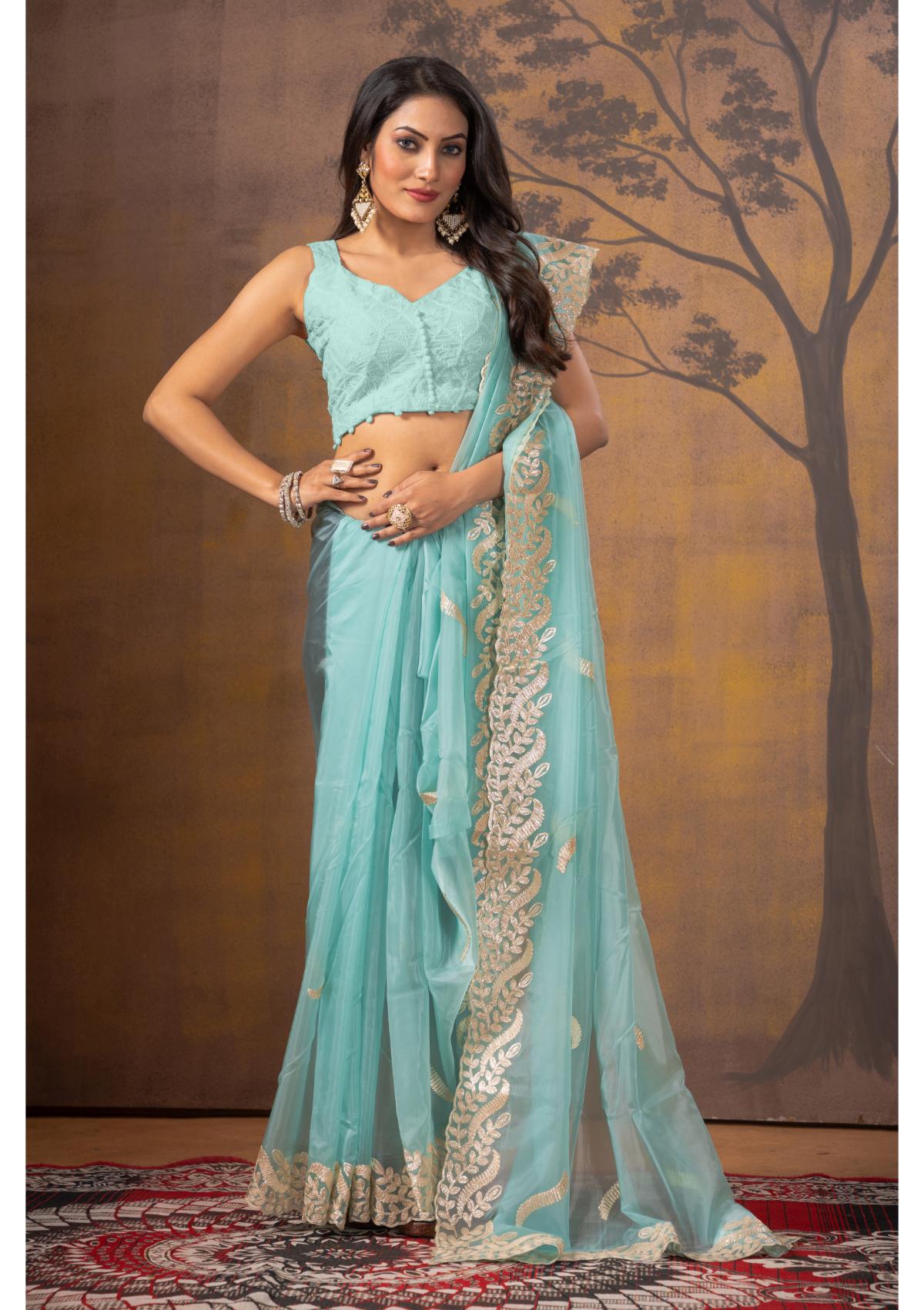 Sky Blue Gottapatti work Tissue Saree - Kajree 