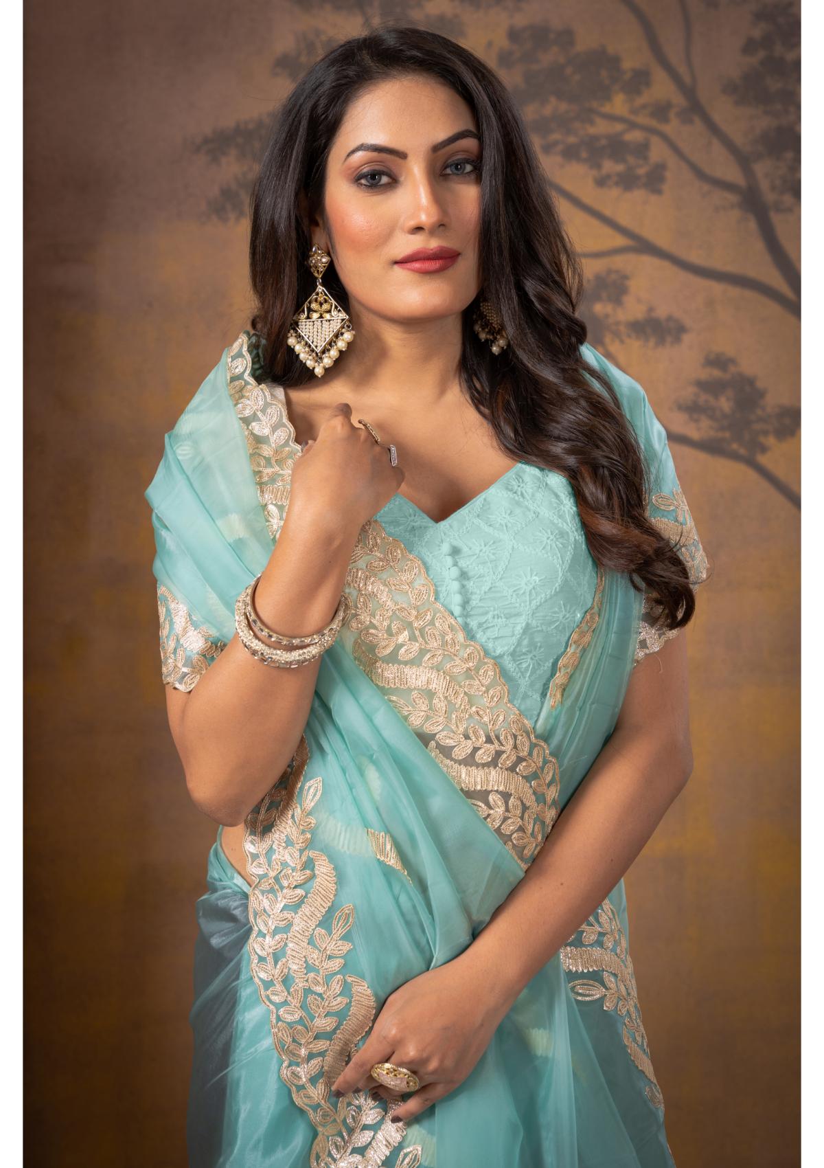 Sky Blue Gottapatti work Tissue Saree - Kajree 