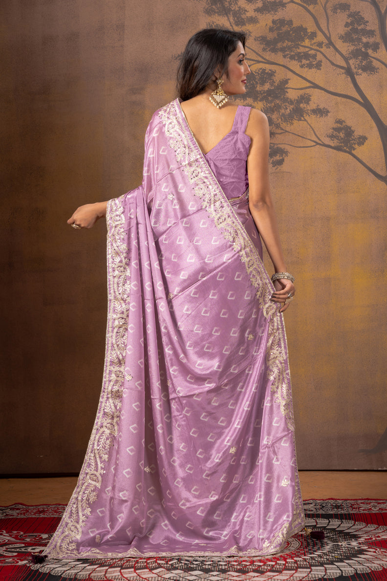 Lavender Gotapatti Work Satin Silk Saree 