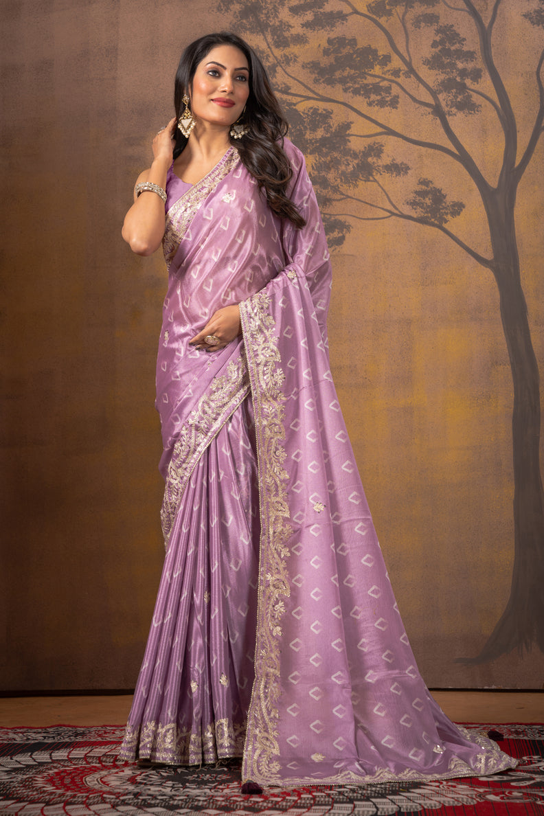 Lavender Gotapatti Work Satin Silk Saree 