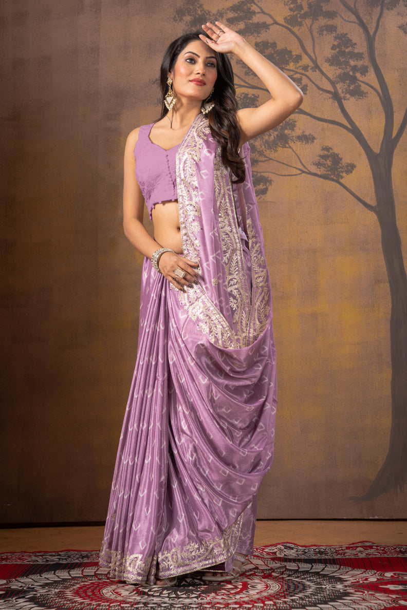 Lavender Gotapatti Work Satin Silk Saree 