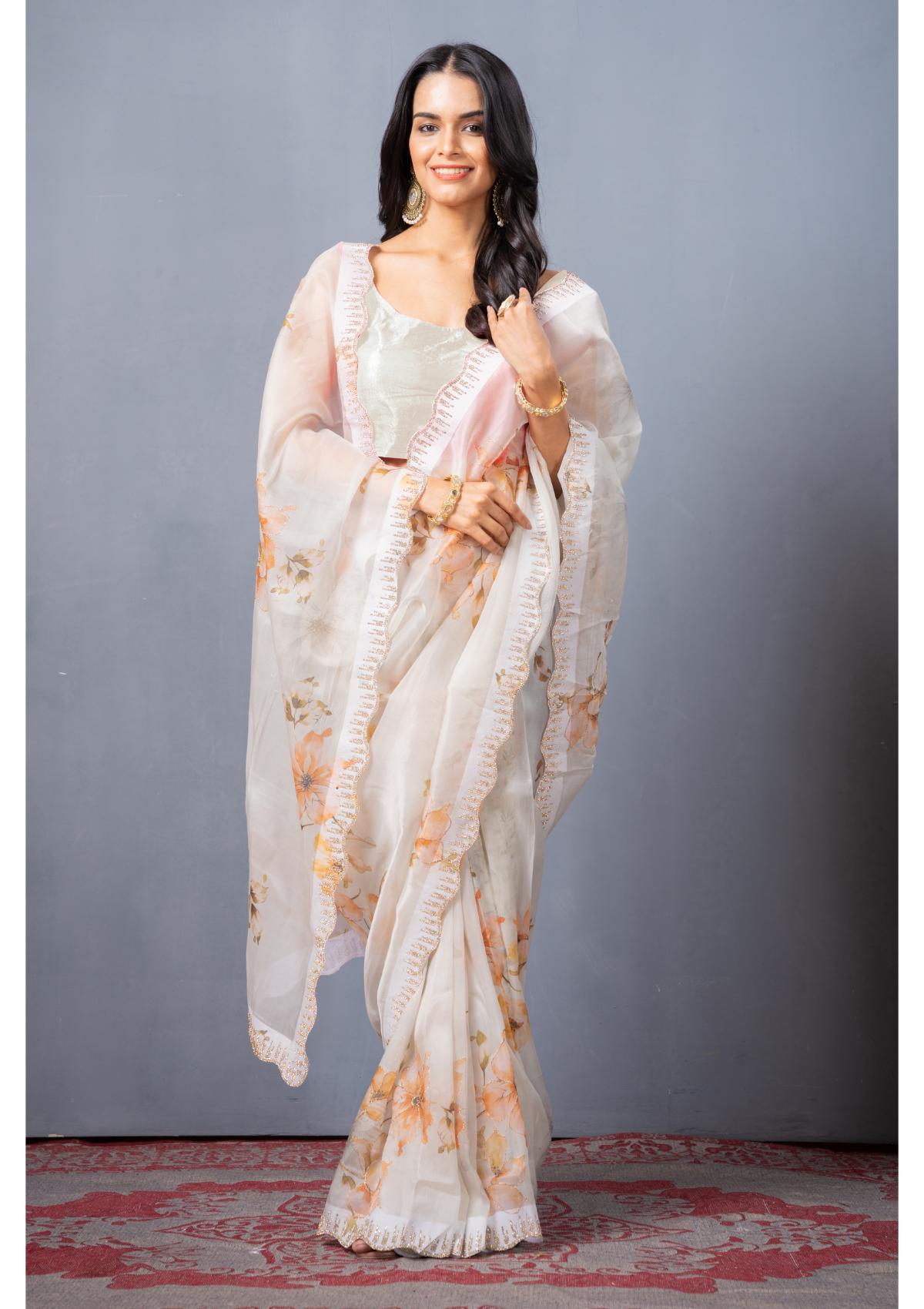 OffWhite Block print Stonework Organza Saree 