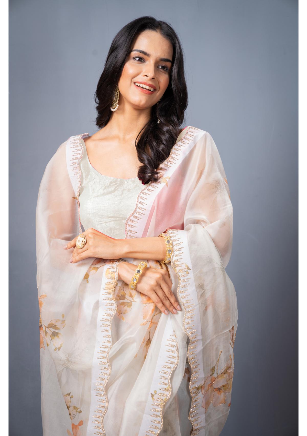 OffWhite Block print Stonework Organza Saree 