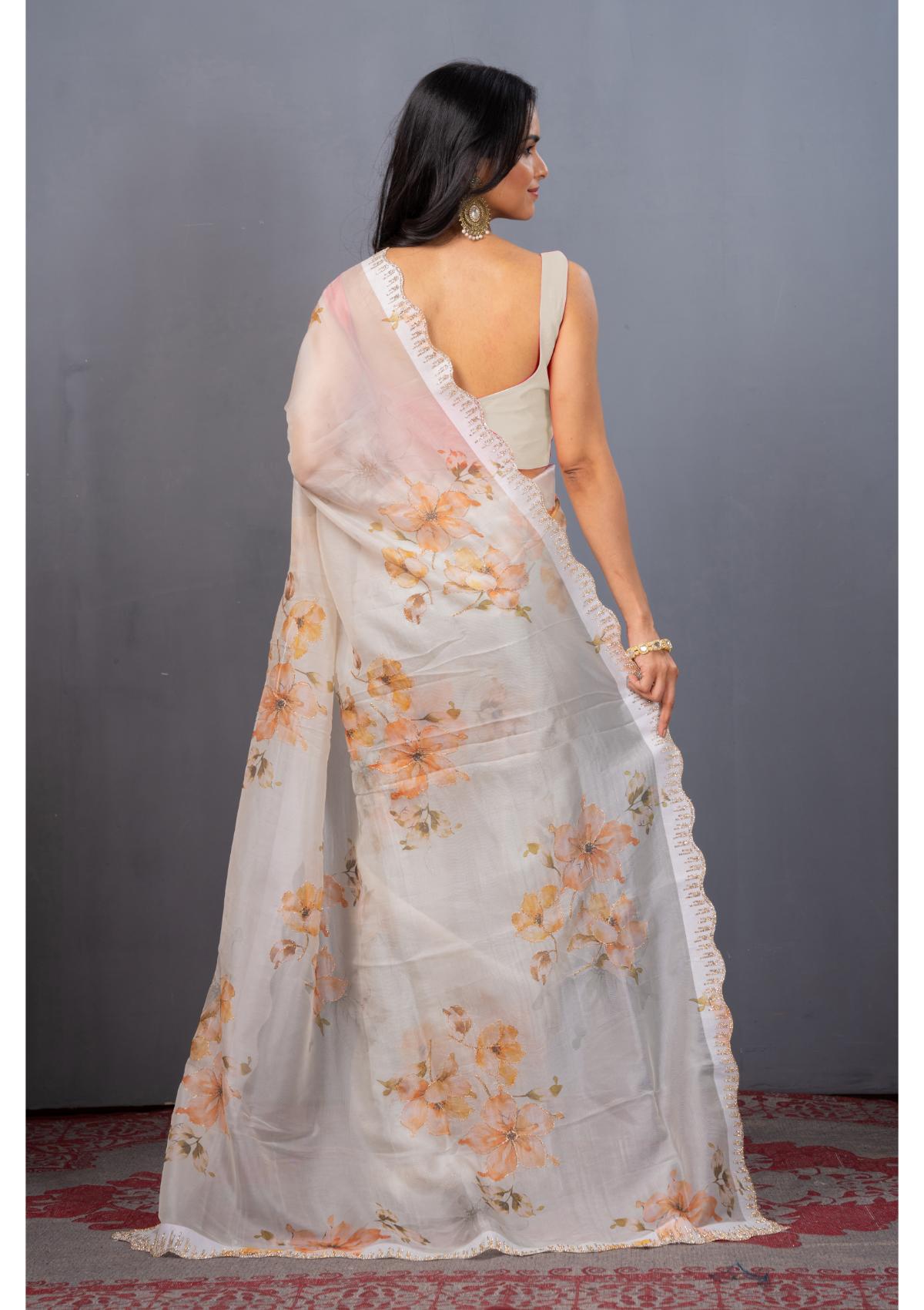 OffWhite Block print Stonework Organza Saree 
