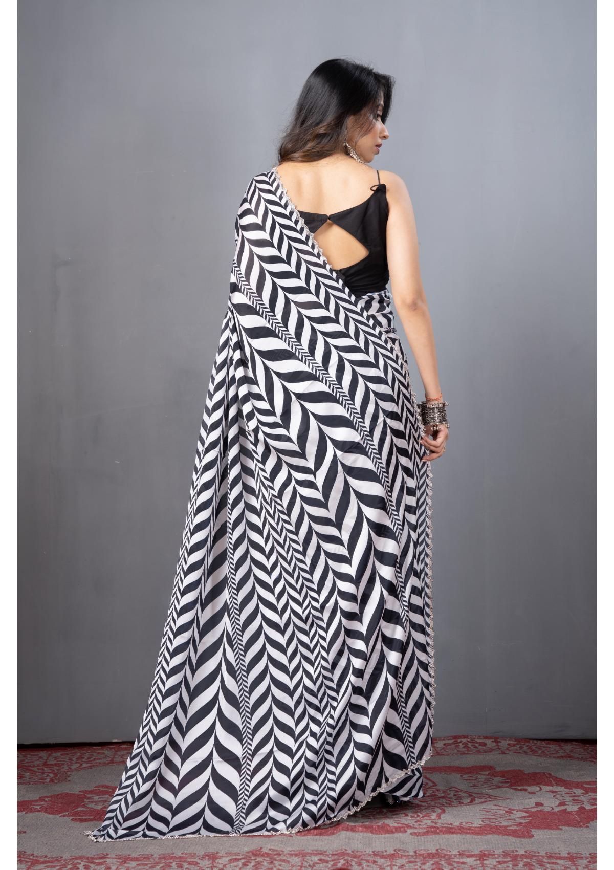 Black Stonework Block Print Satin Saree 