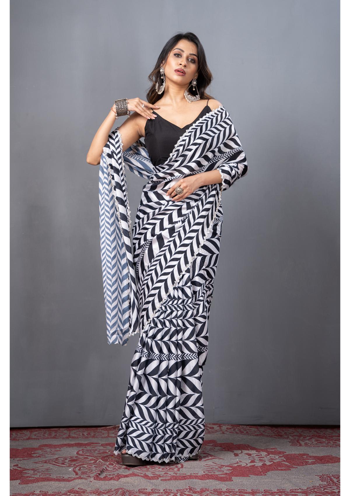Black Stonework Block Print Satin Saree 