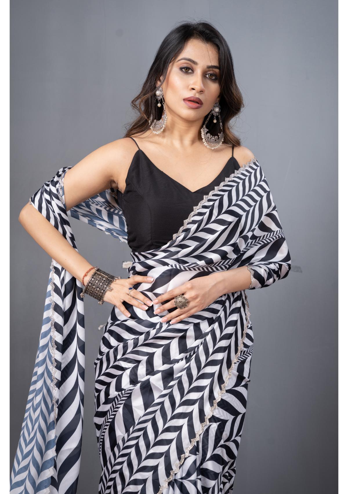 Black Stonework Block Print Satin Saree 