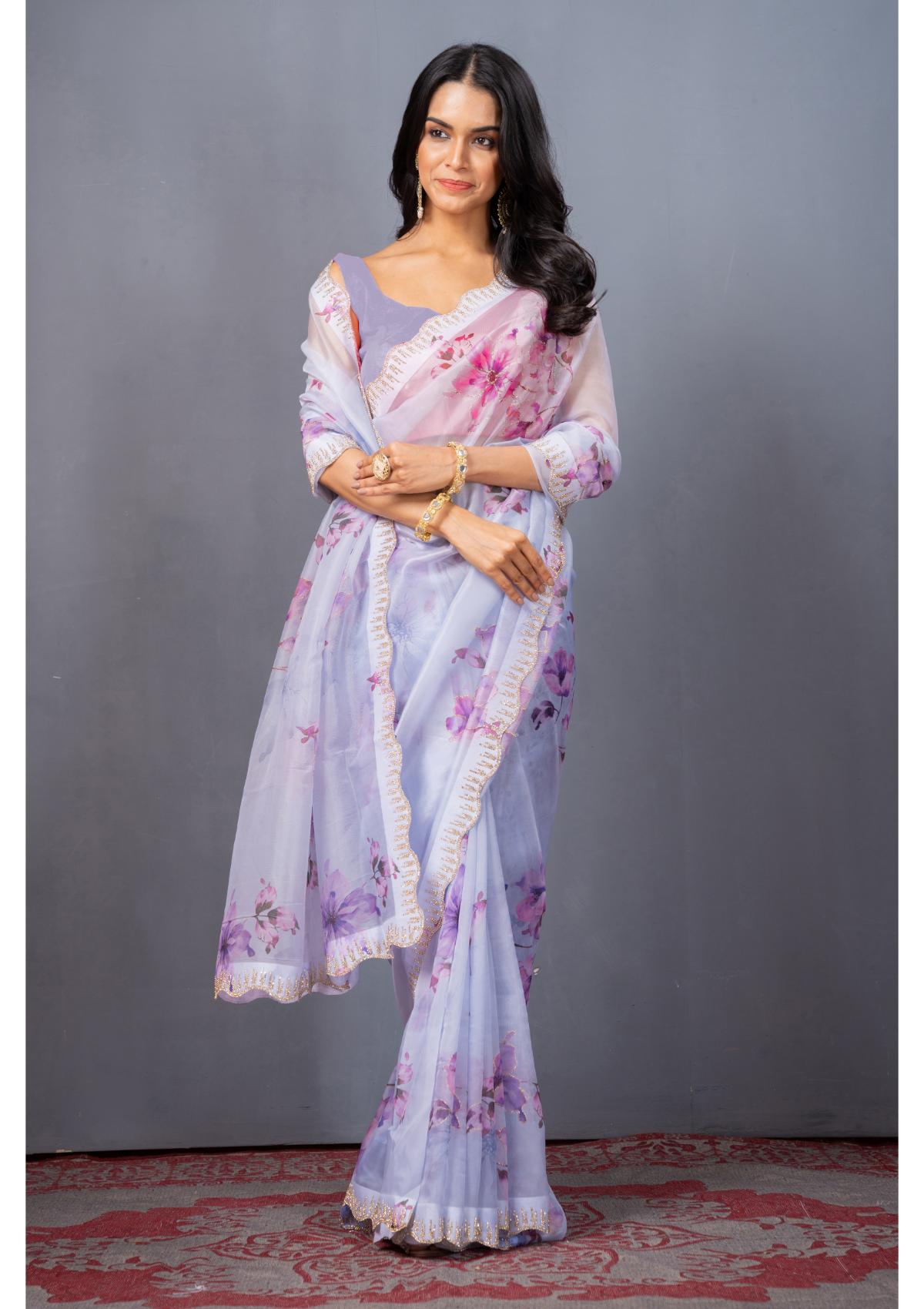 Lavender Stonework Organza Saree - Kajree -