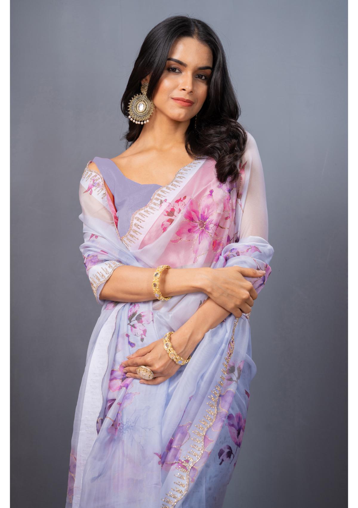 Lavender Stonework Organza Saree - Kajree
