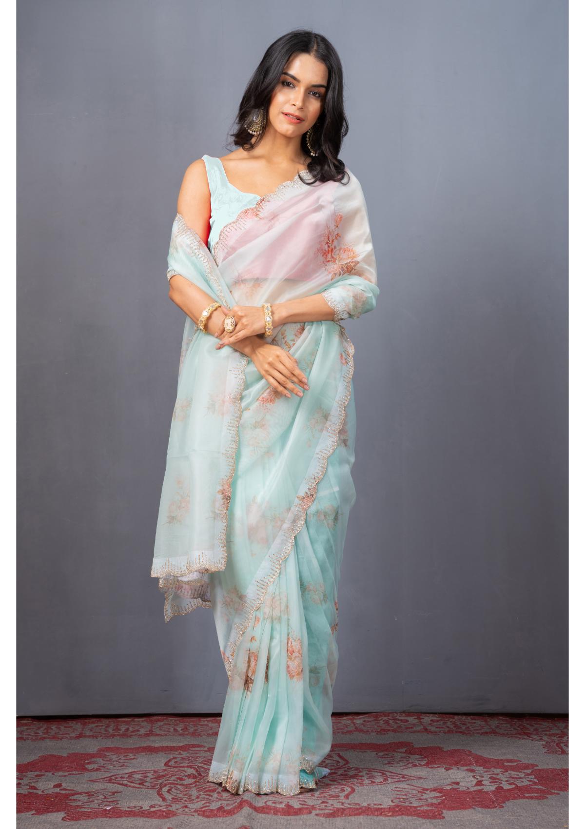 Sea Green Block print Stonework Organza Sarees - Kajree