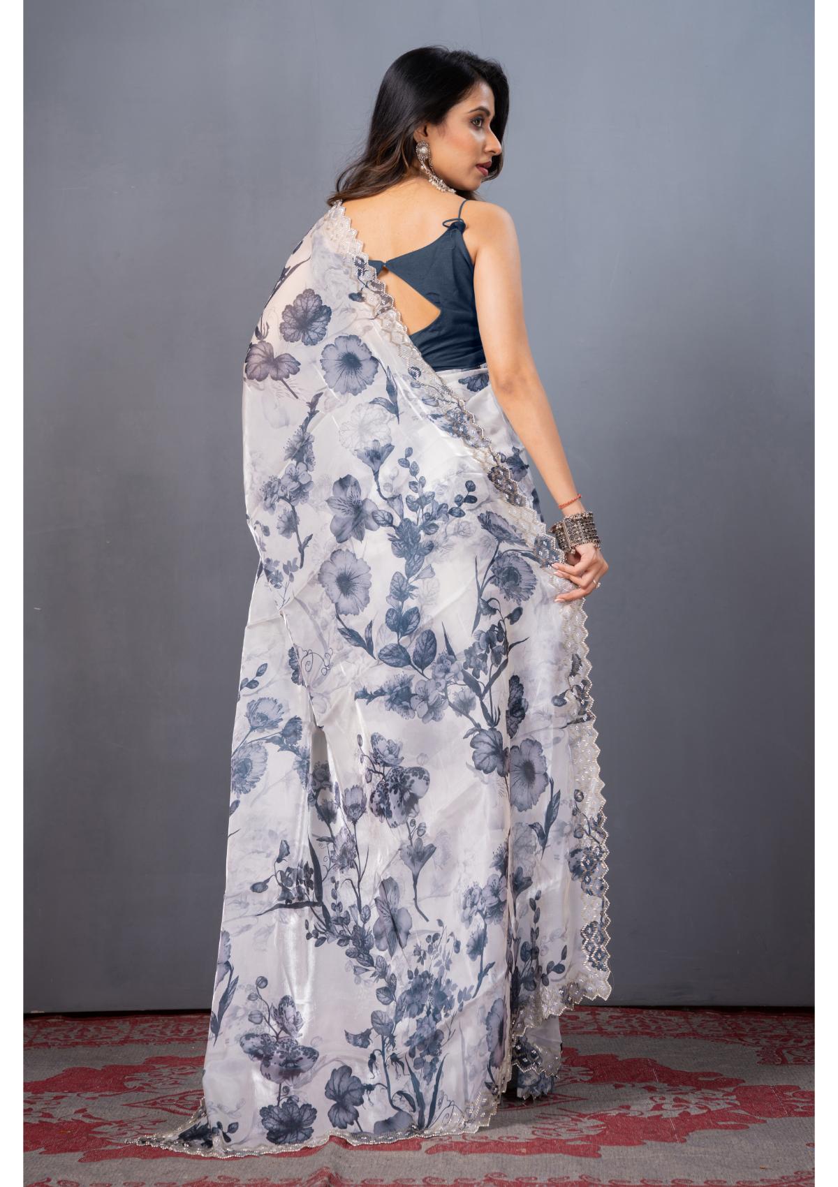 White Block print Stonework Satin Silk Saree - kajree