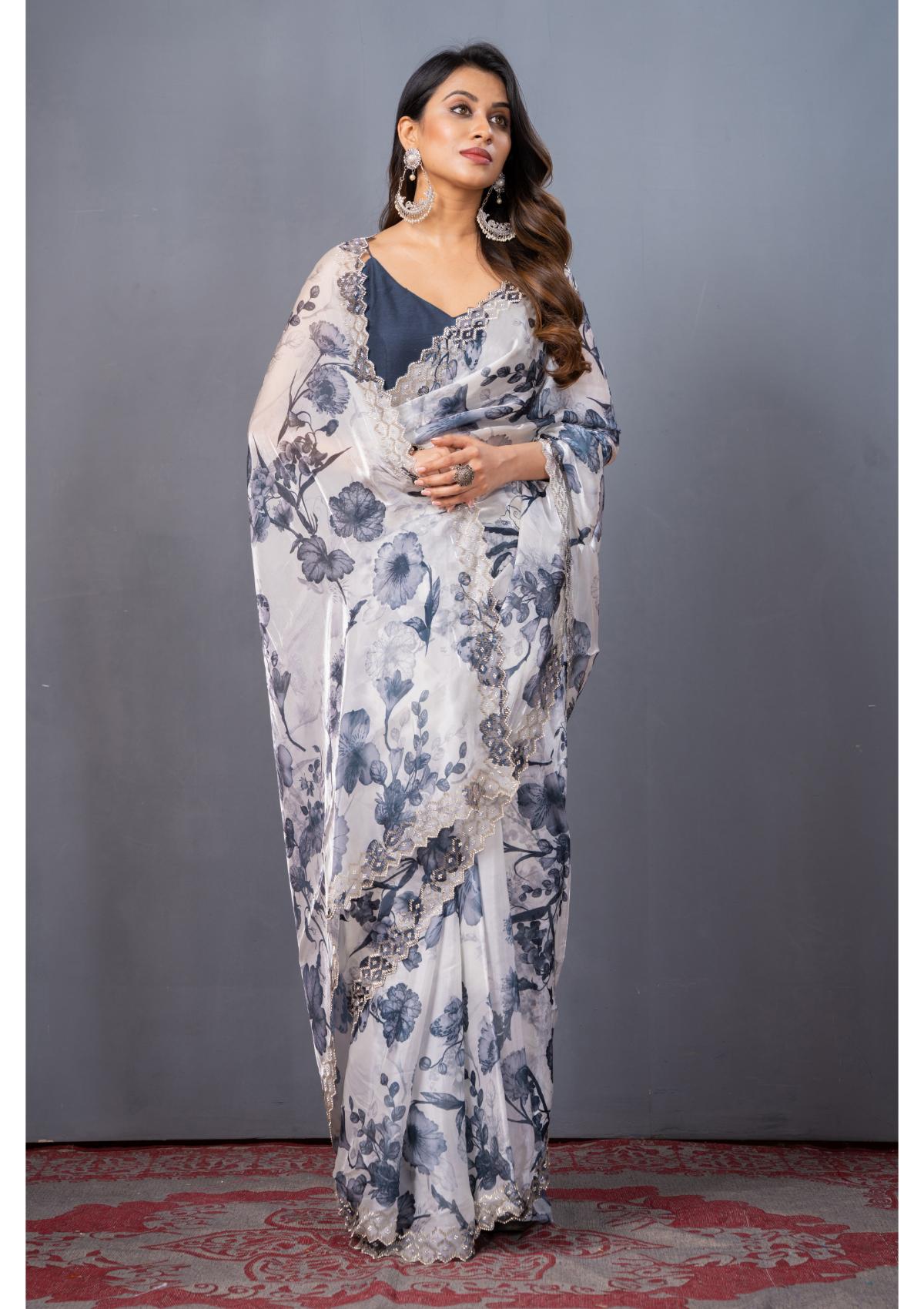 White Block print Stonework Satin Silk Saree - Kajree