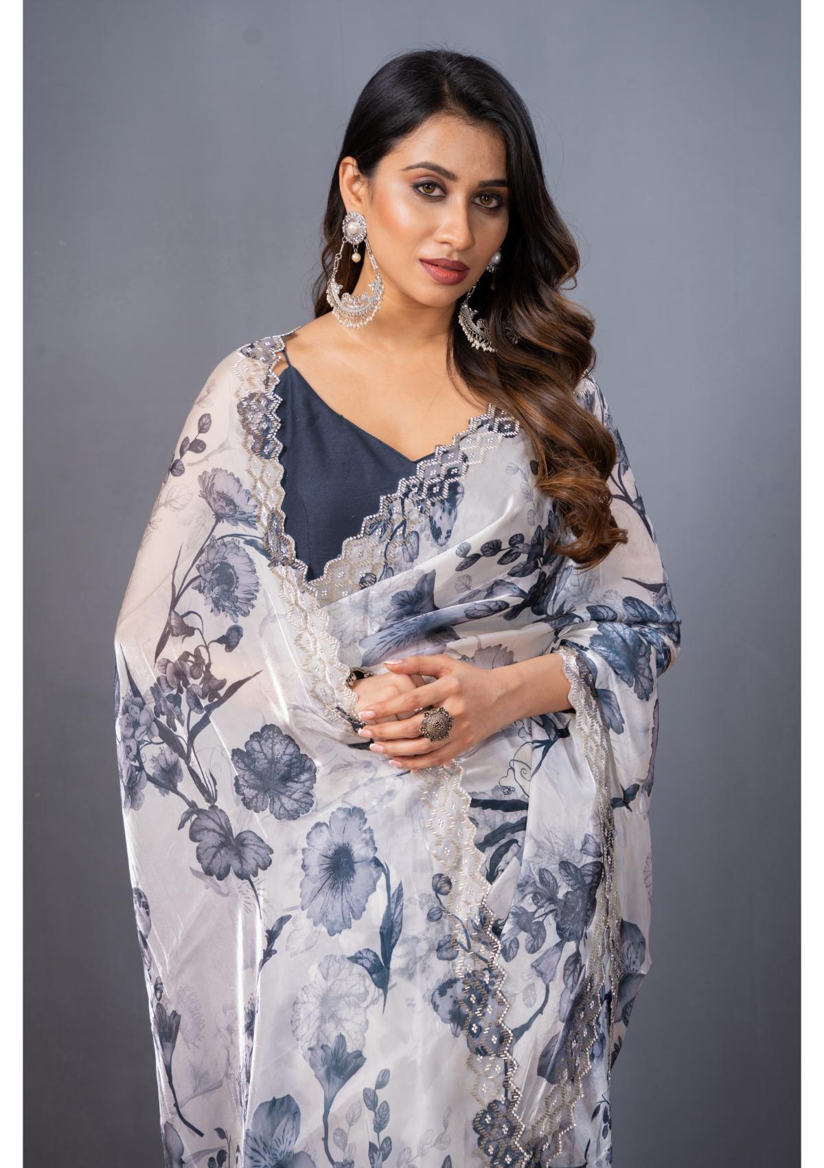 White Block print Stonework Satin Silk Saree - Kajree