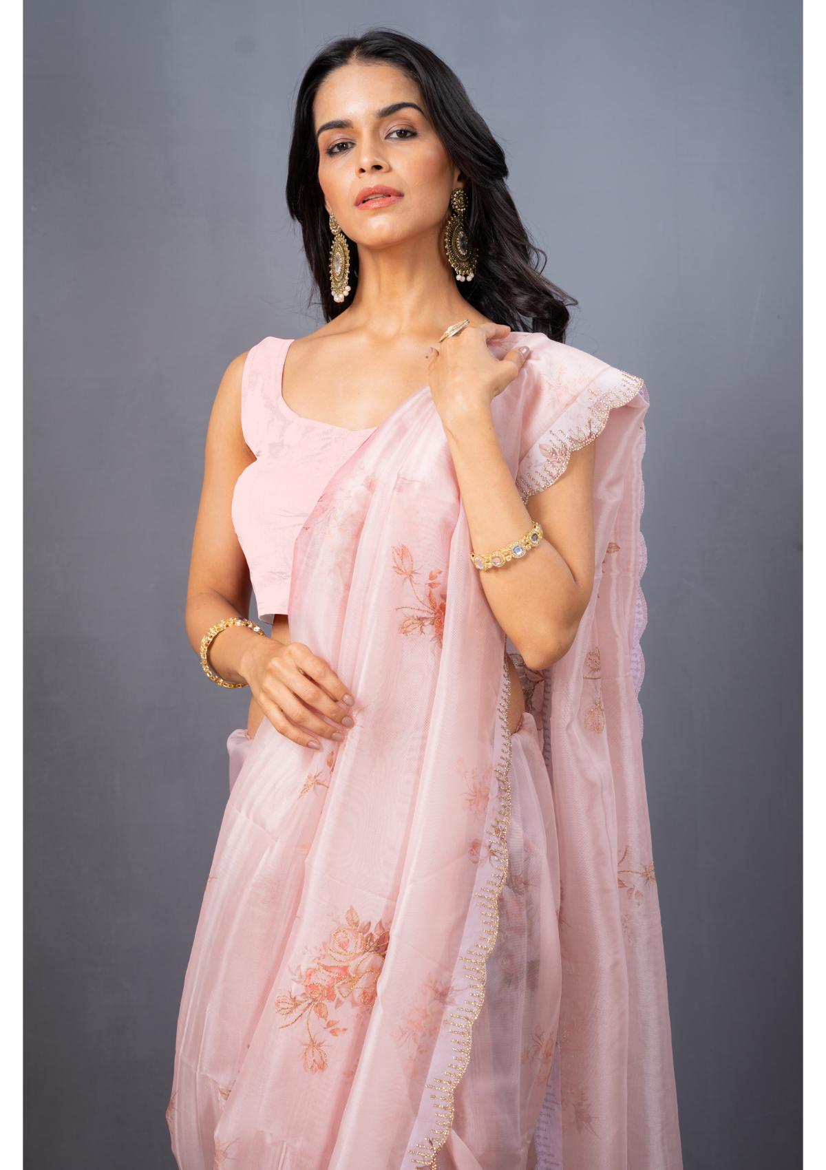 Peach Block print Stonework Organza Silk Saree - Kajree