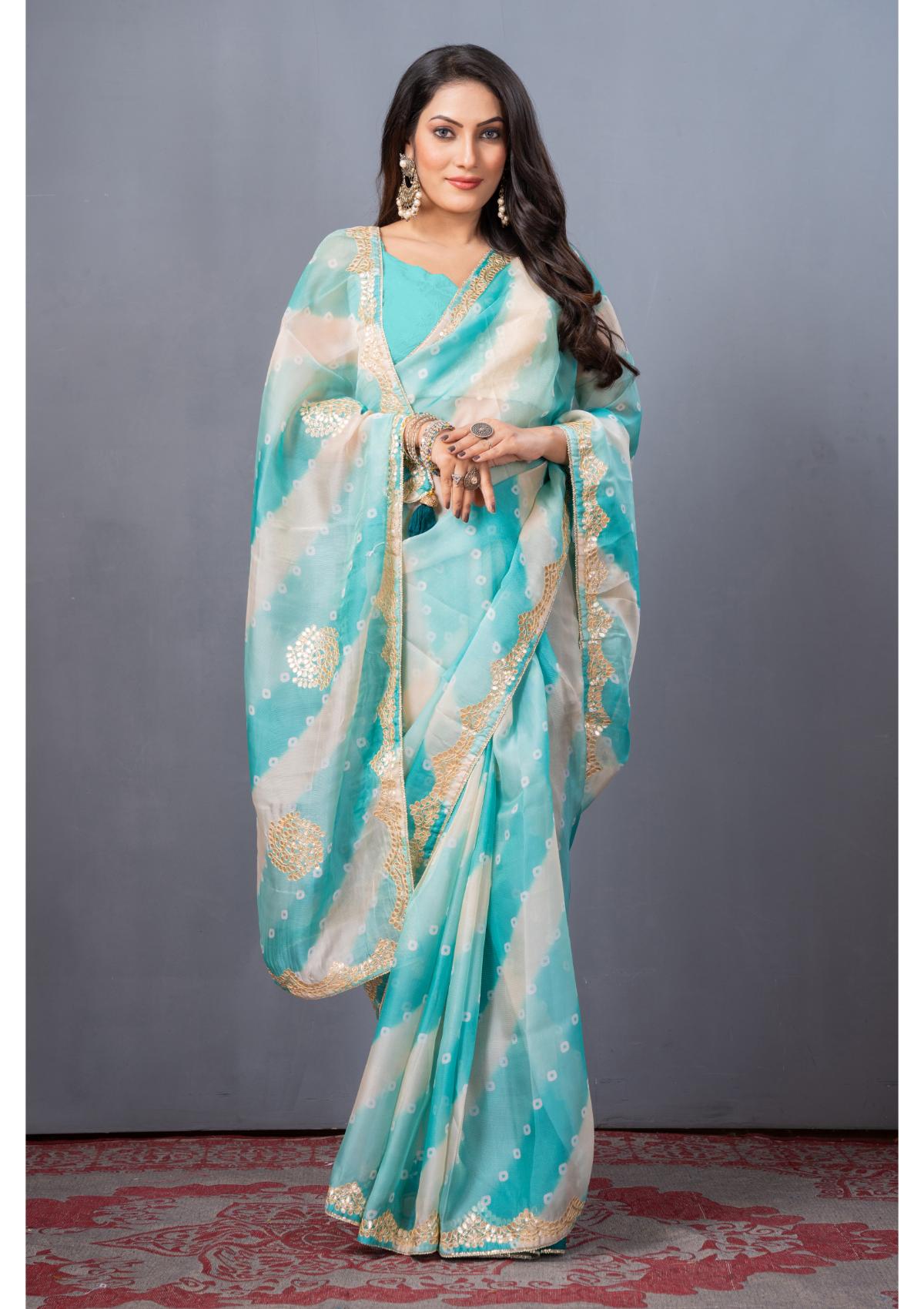 Blue Gottapatti work Organza Saree - Kajree 