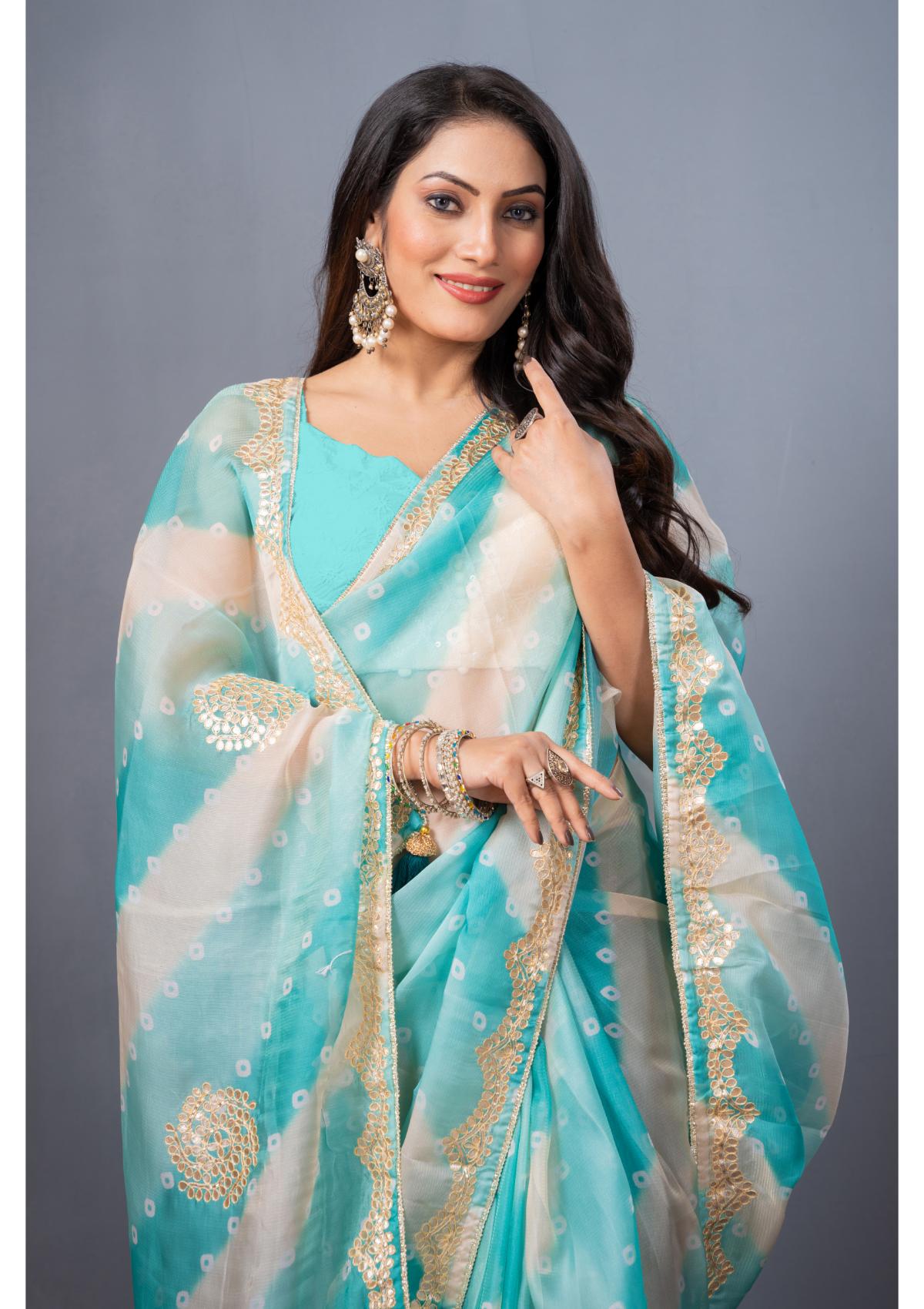 Blue Gottapatti work Organza Saree - Kajree 