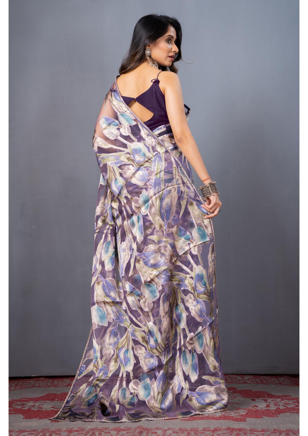 Blue Blaoc print Stonework Organza Drape Saree - Kajree
