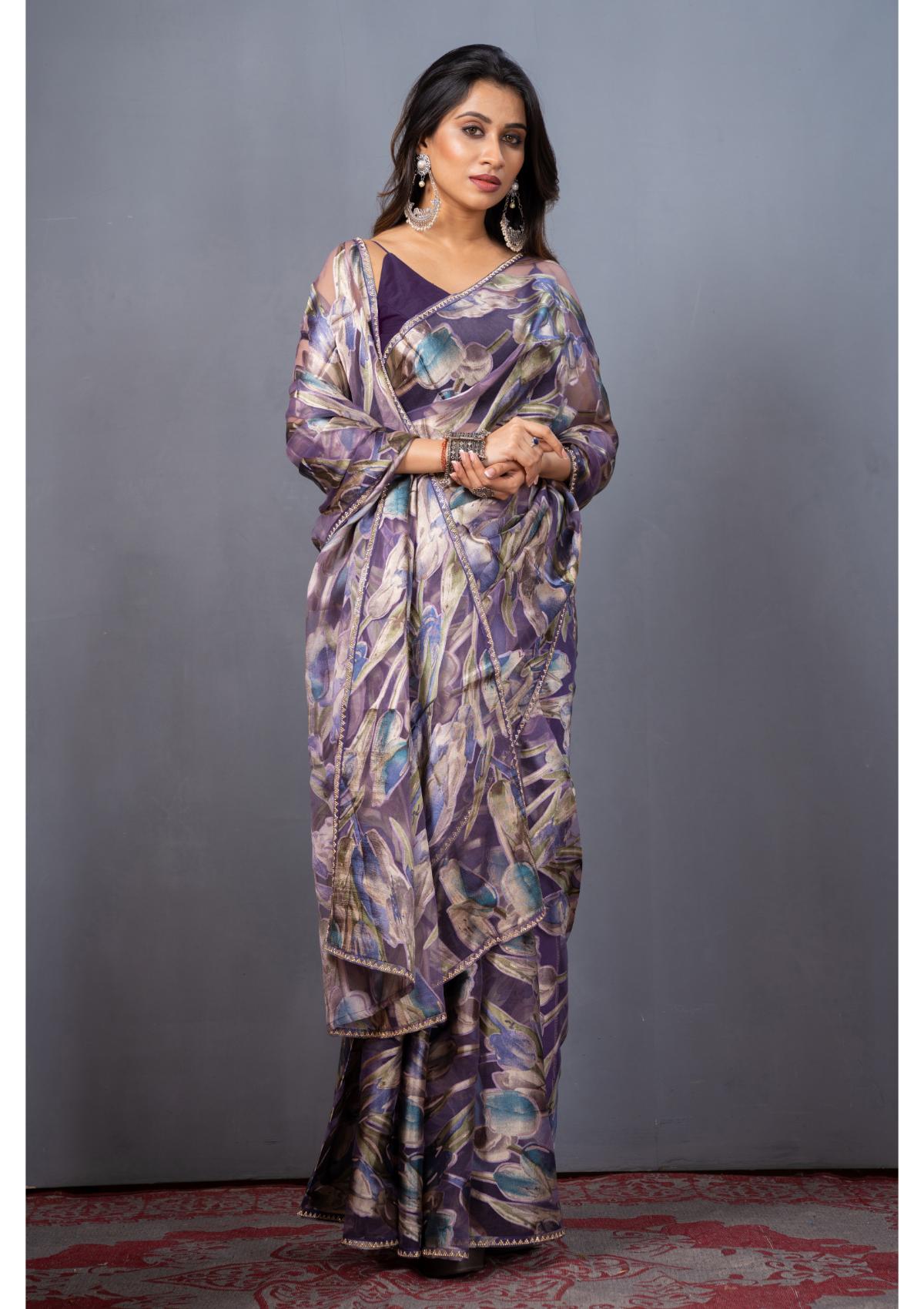 Blue Blaoc print Stonework Organza Drape Saree 