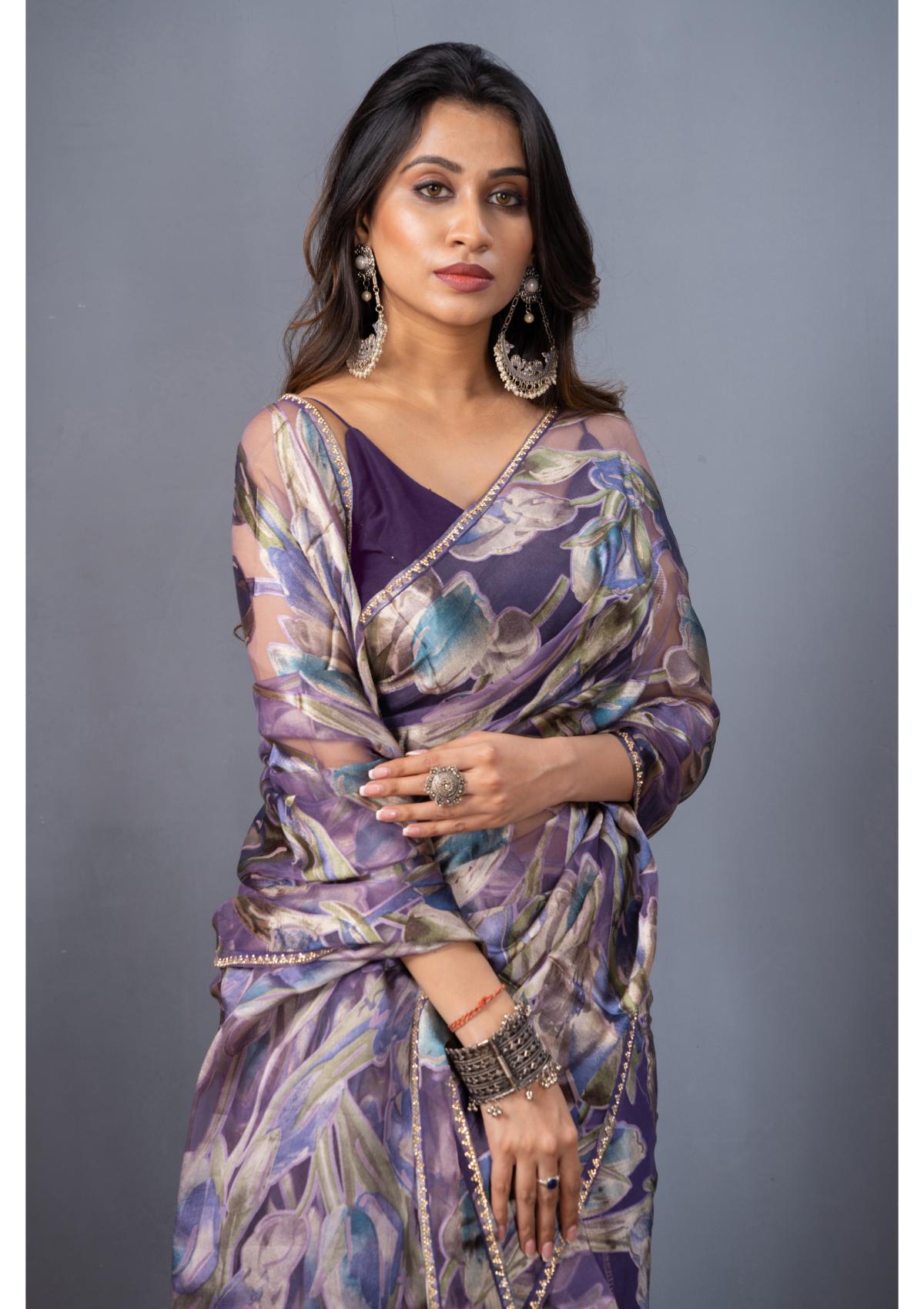 Blue Blaoc print Stonework Organza Drape Saree - Kajree