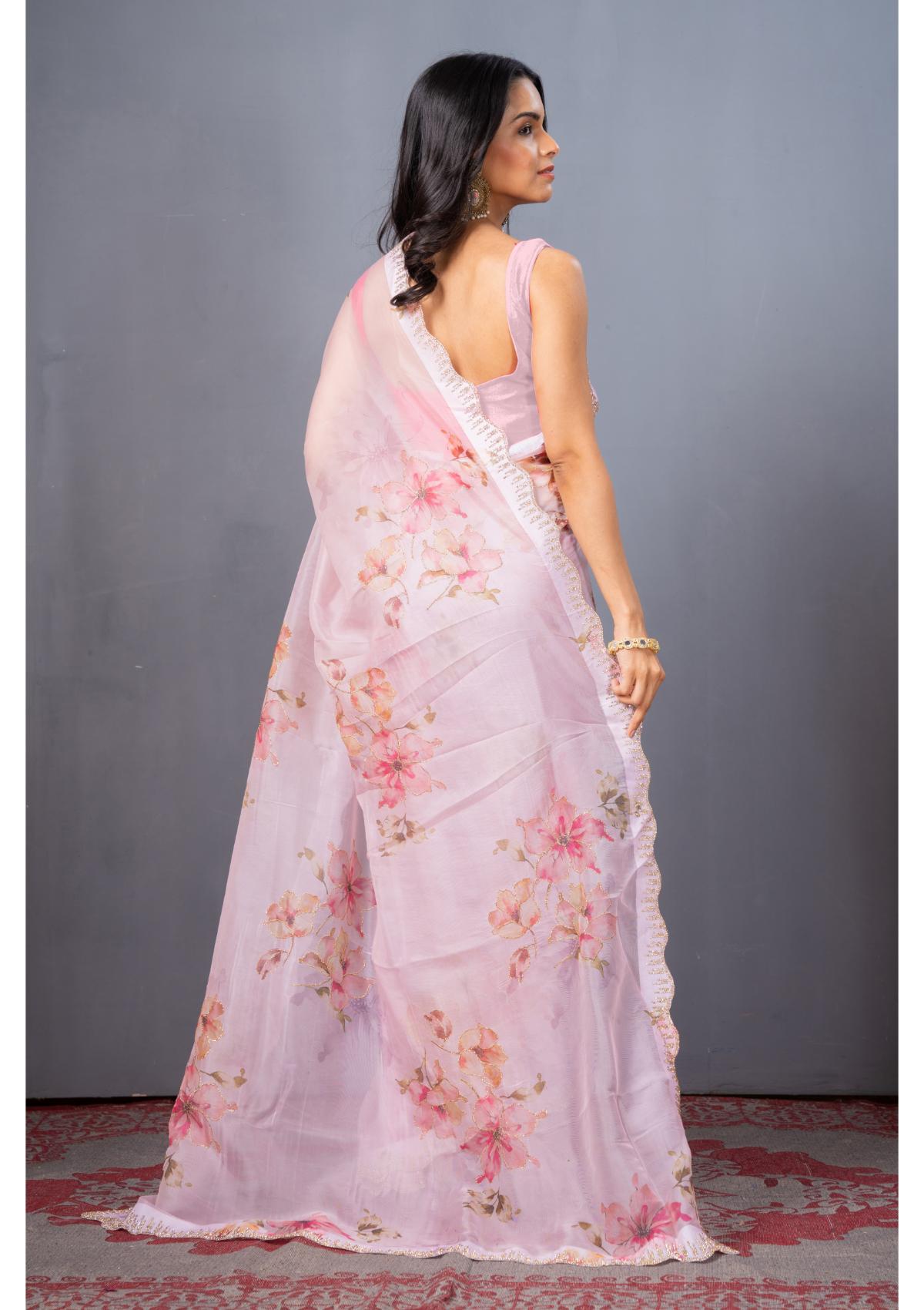 Pink Block print Stonework Organza Saree - kajree