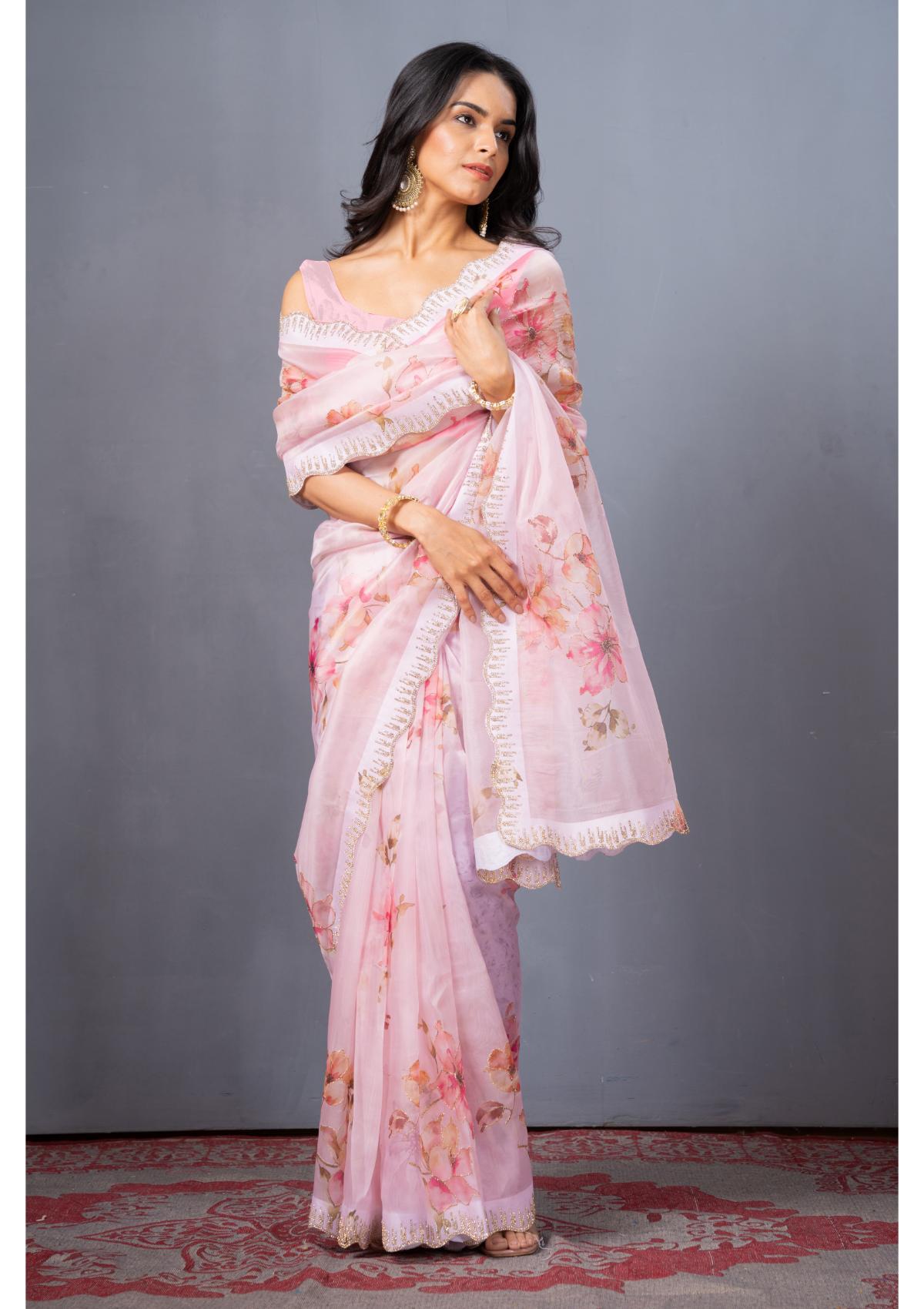 Pink Block print Stonework Organza Saree - kajree