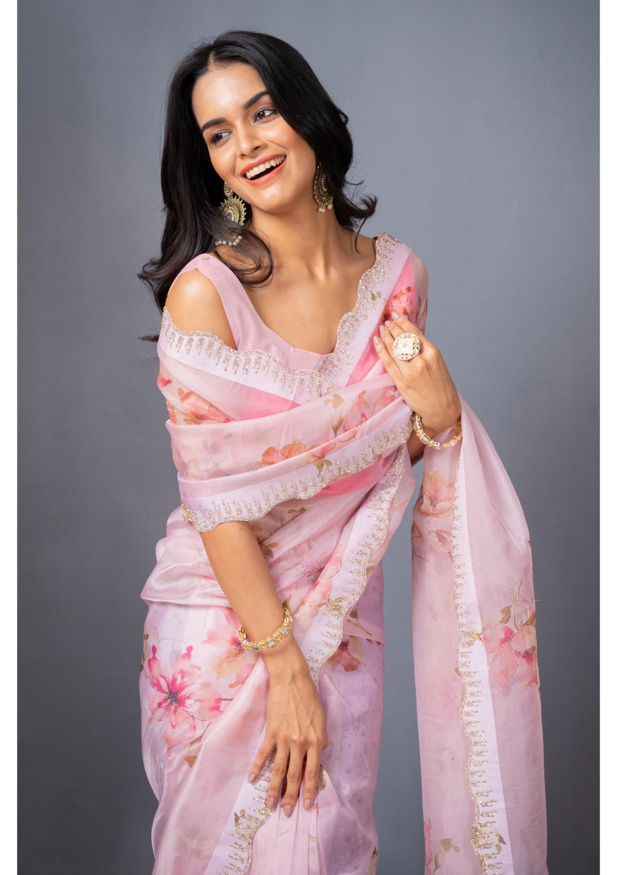 Pink Block print Stonework Organza Saree - kajree