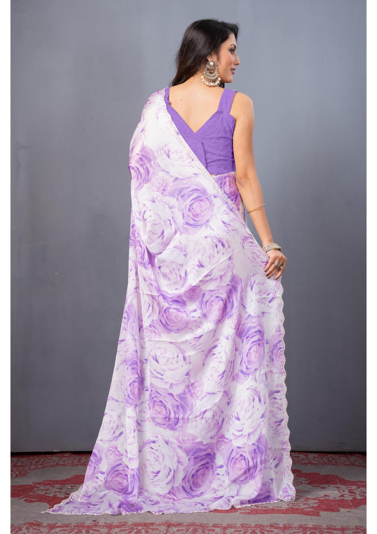 Lavender Stonework Block Print Satin Sarees 