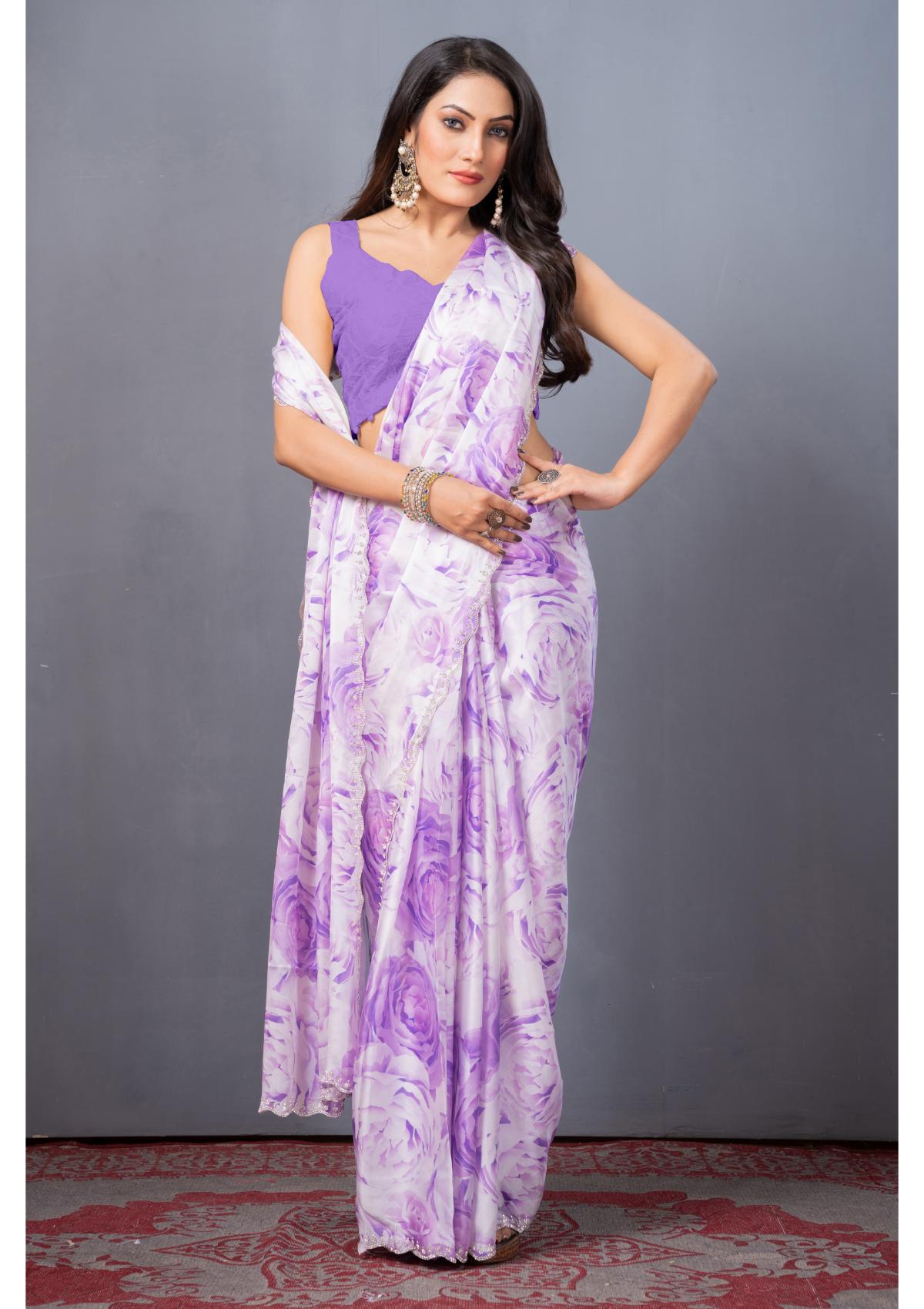Lavender Stonework Block Print Satin Sarees 