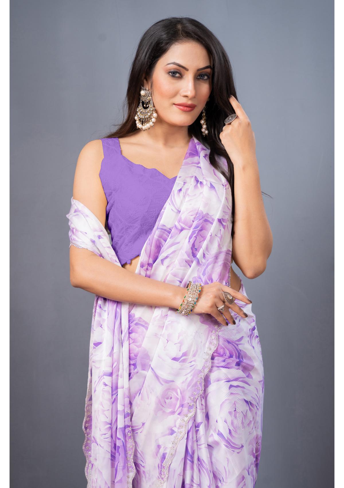 Lavender Stonework Block Print Satin Sarees 