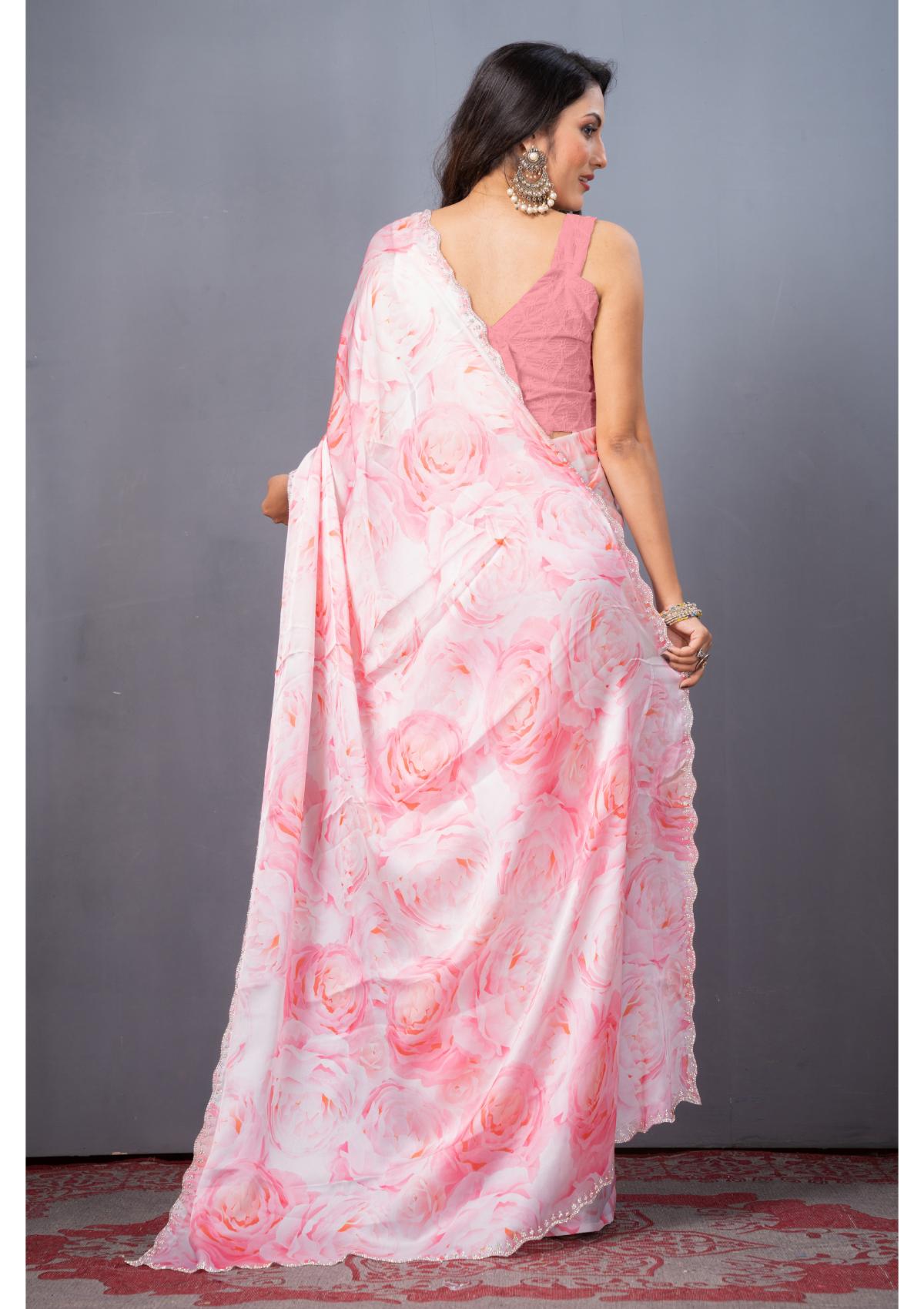 Pink Stonework Block Print Satin Saree 