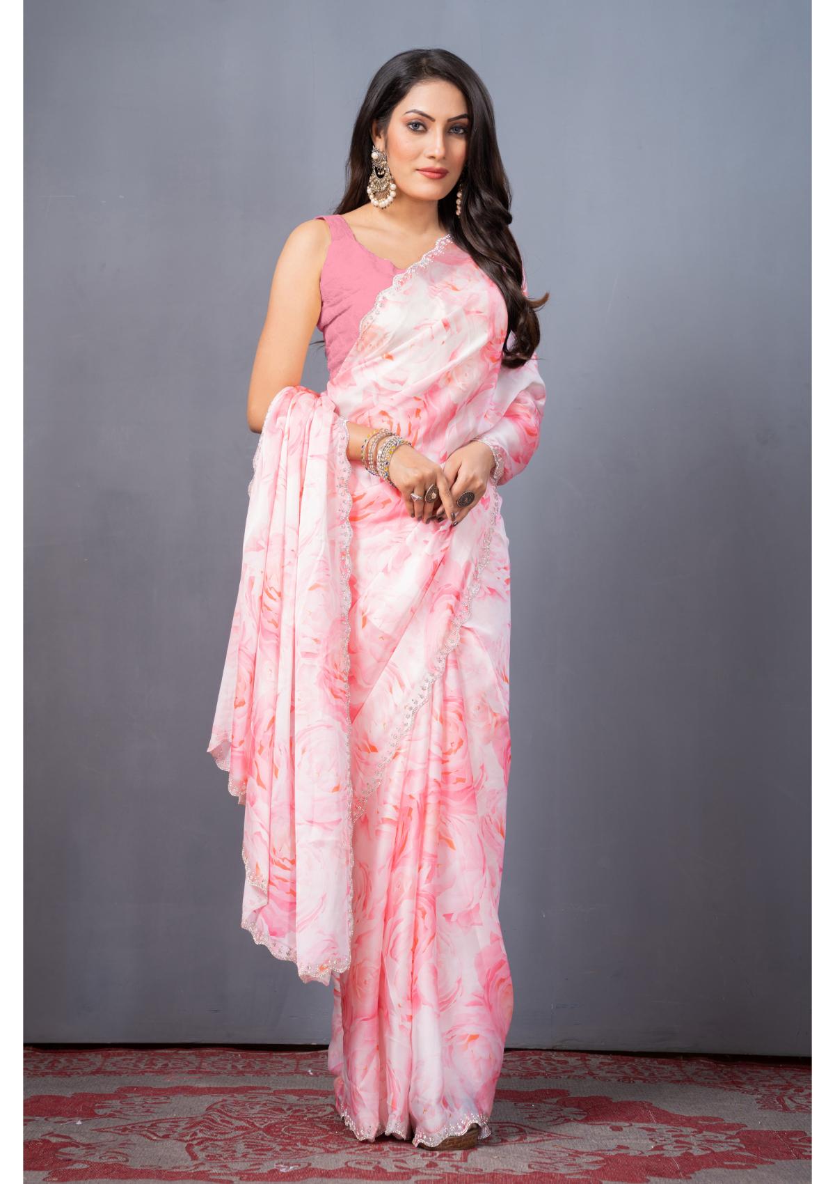 Pink Stonework Block Print Satin Saree 