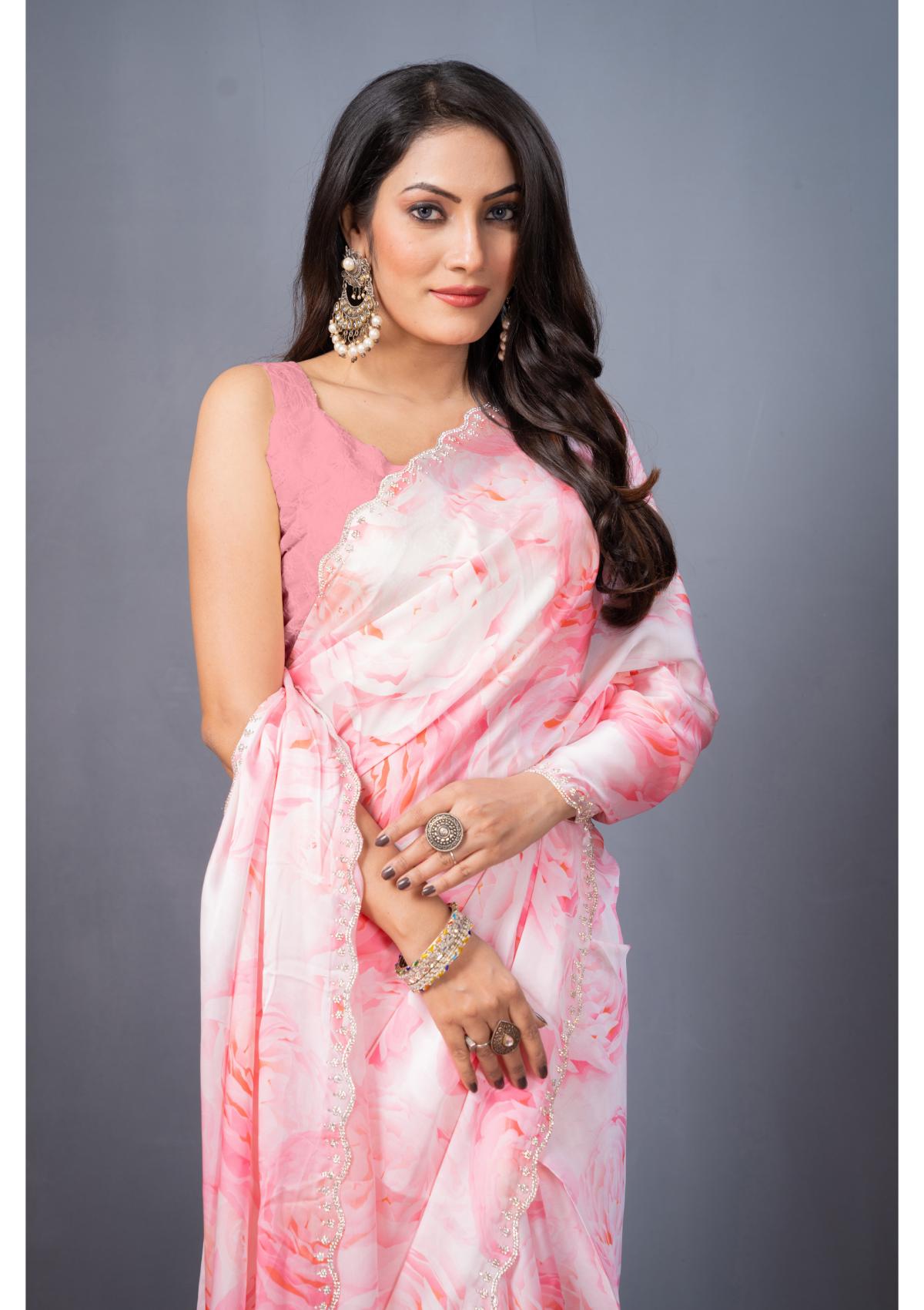 Pink Stonework Block Print Satin Saree 