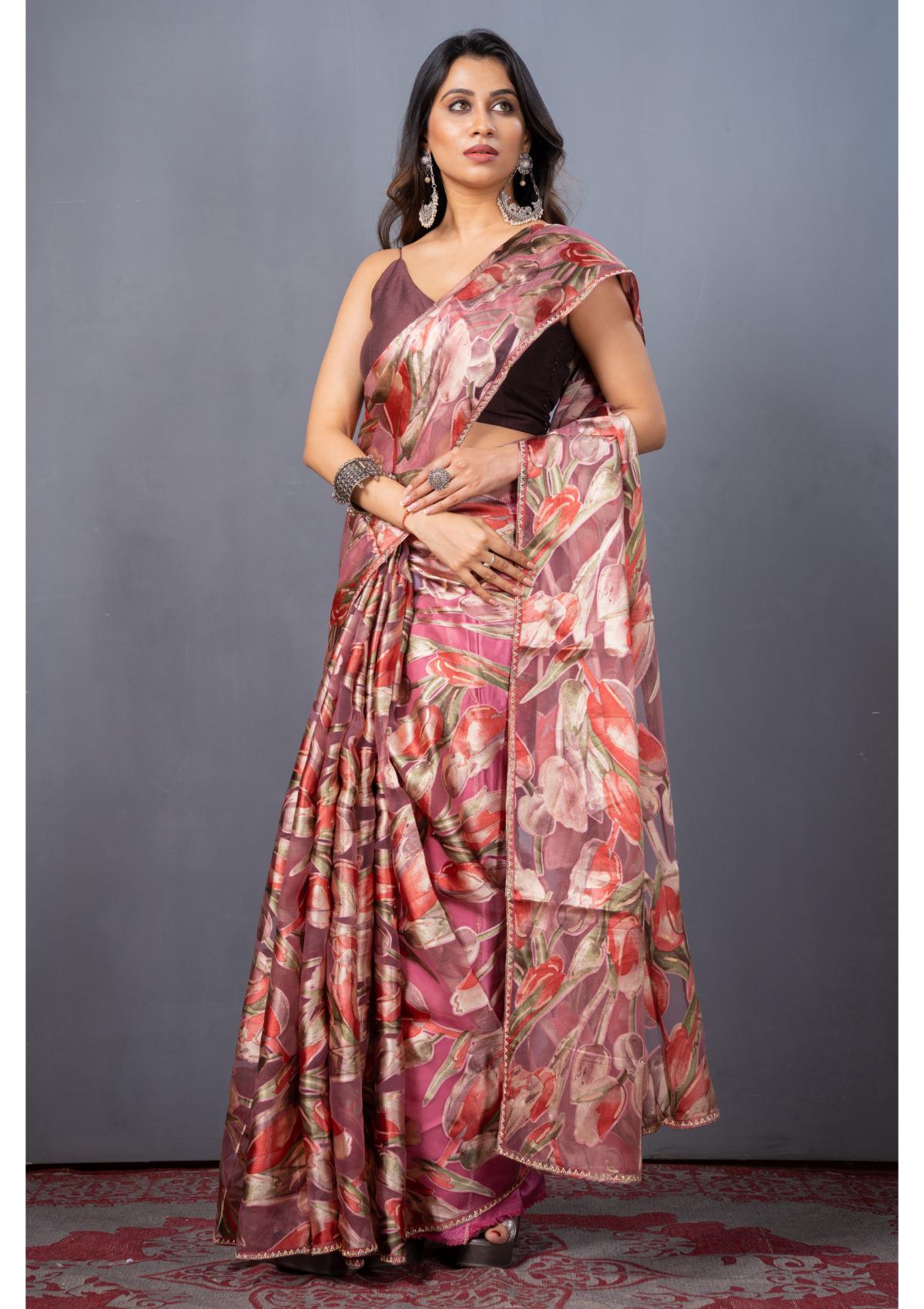 Pink Block print Stonework Organza Drapes - Kajree 