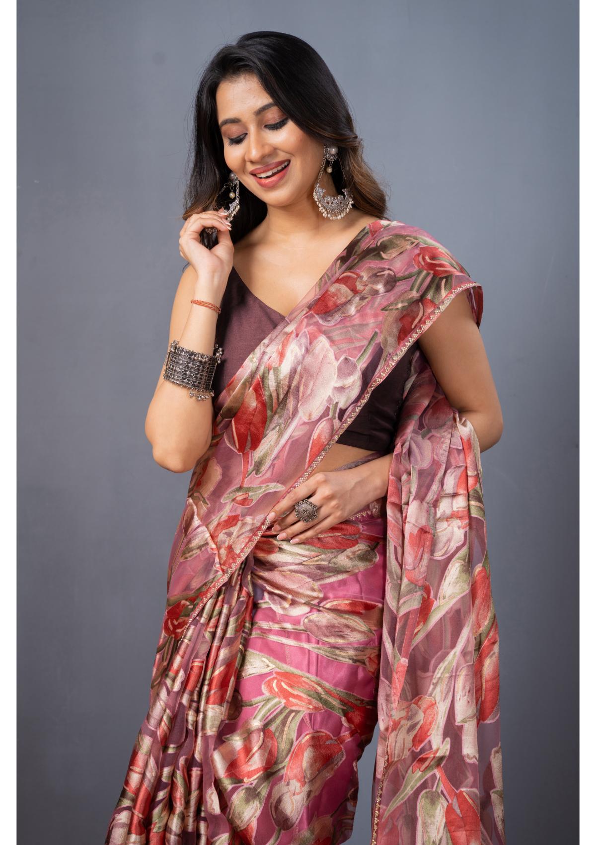 Pink Block print Stonework Organza Drapes - Kajree 